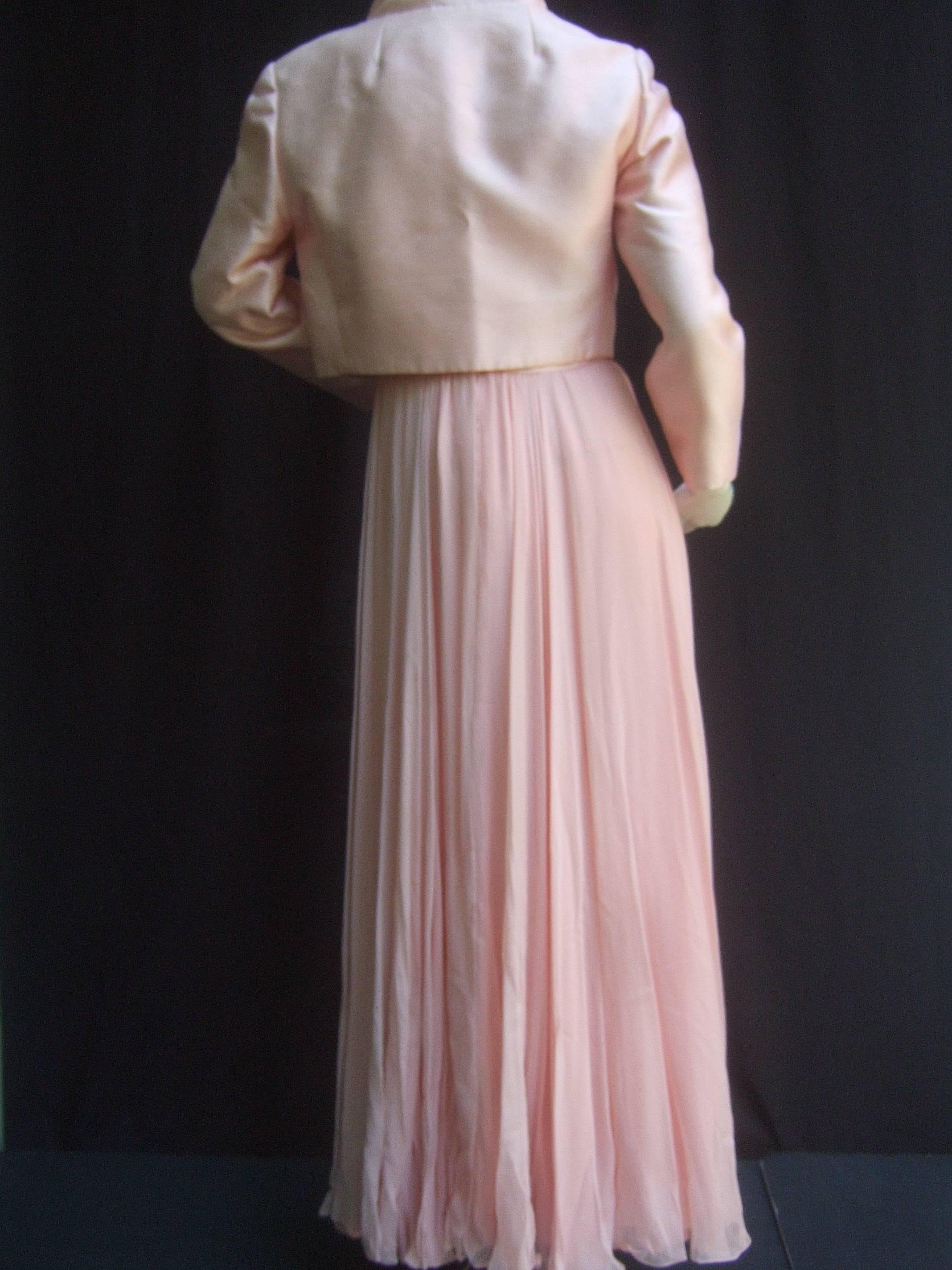 Elegant Pink Shantung Silk Chiffon Jacket Gown Ensemble c 1960 1