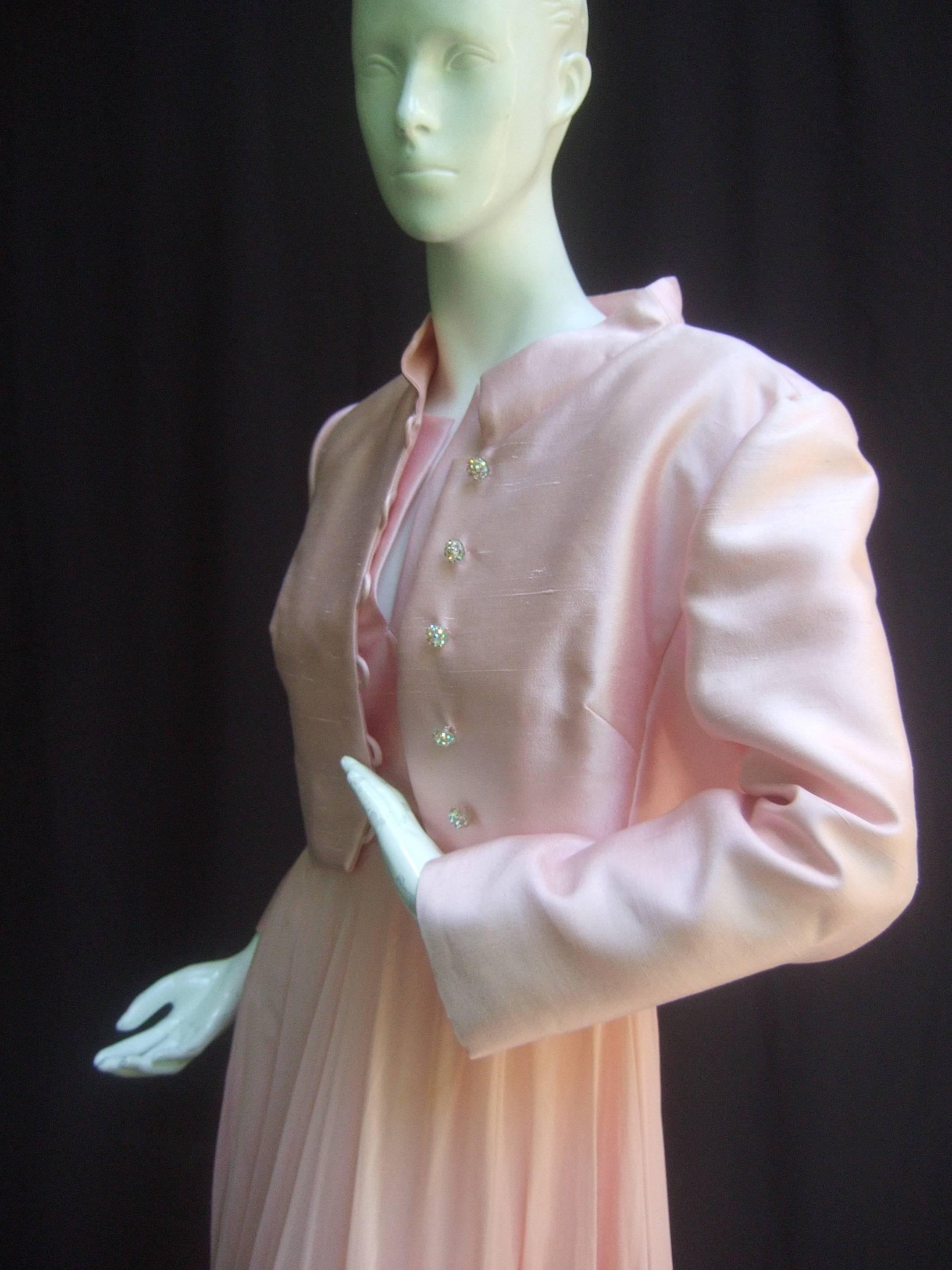 Elegant Pink Shantung Silk Chiffon Jacket Gown Ensemble c 1960 2