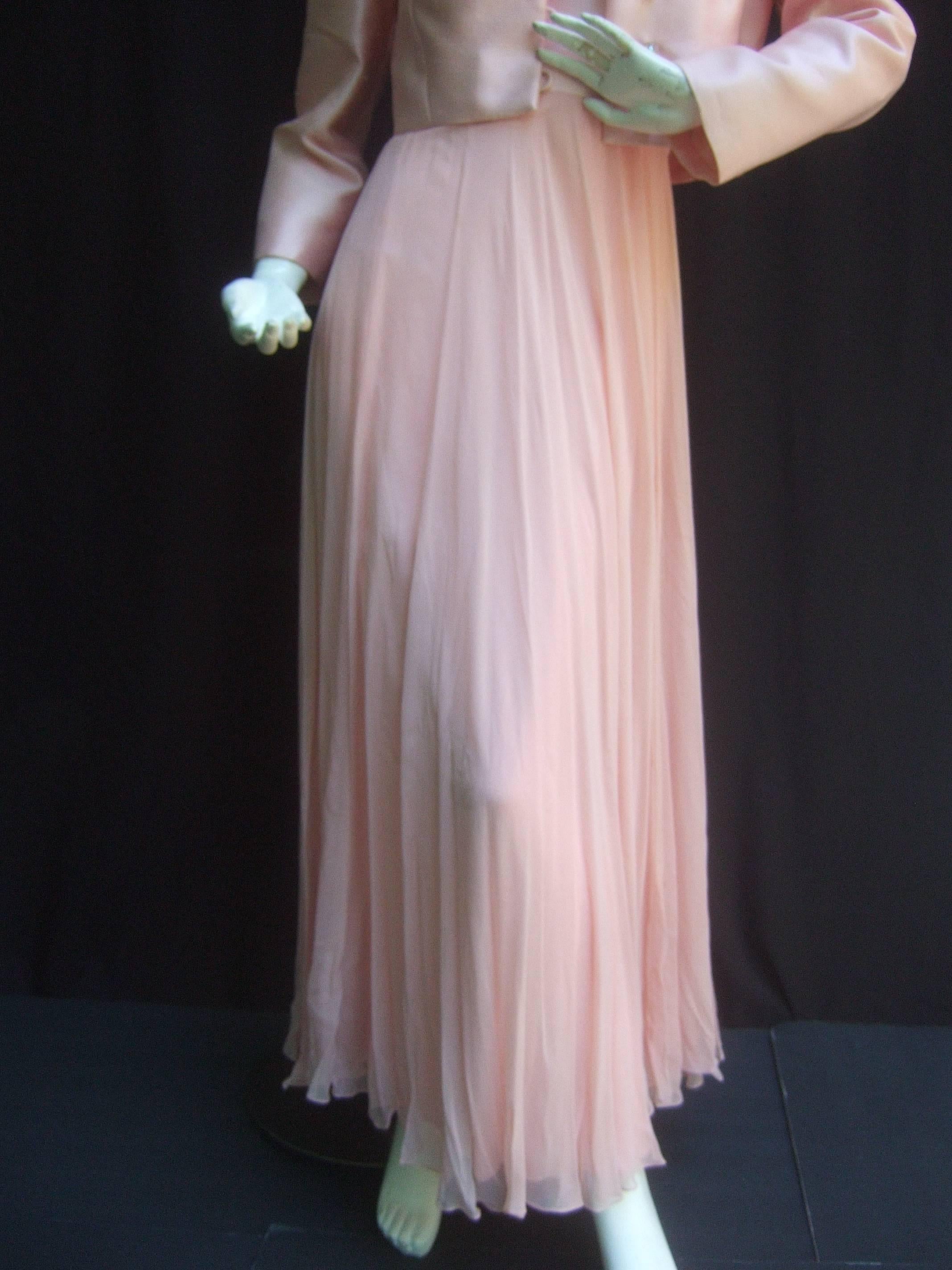 Elegant Pink Shantung Silk Chiffon Jacket Gown Ensemble c 1960 3