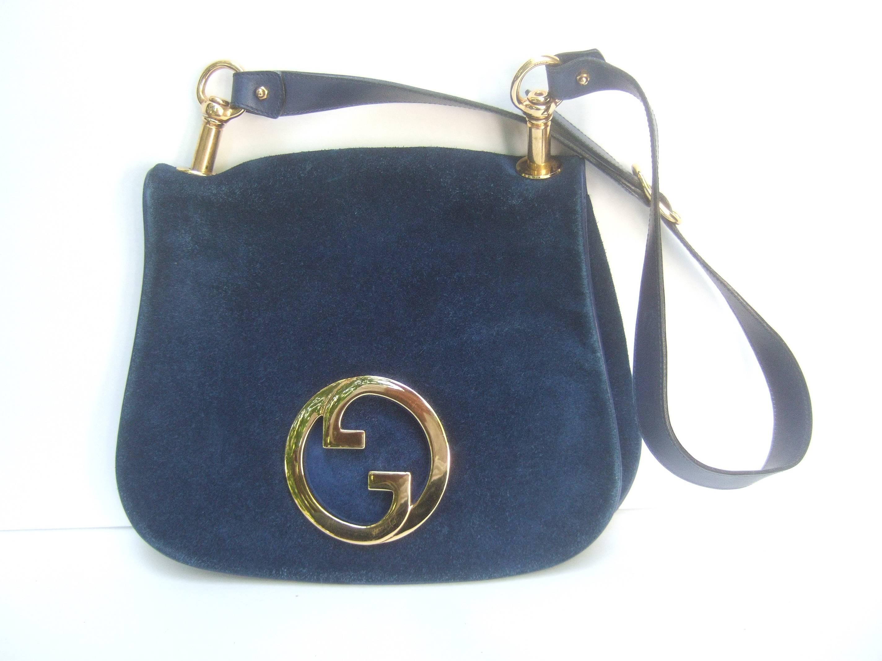 Gucci Italy Rare Midnight Blue Suede Shoulder Bag c 1970s In Excellent Condition In University City, MO
