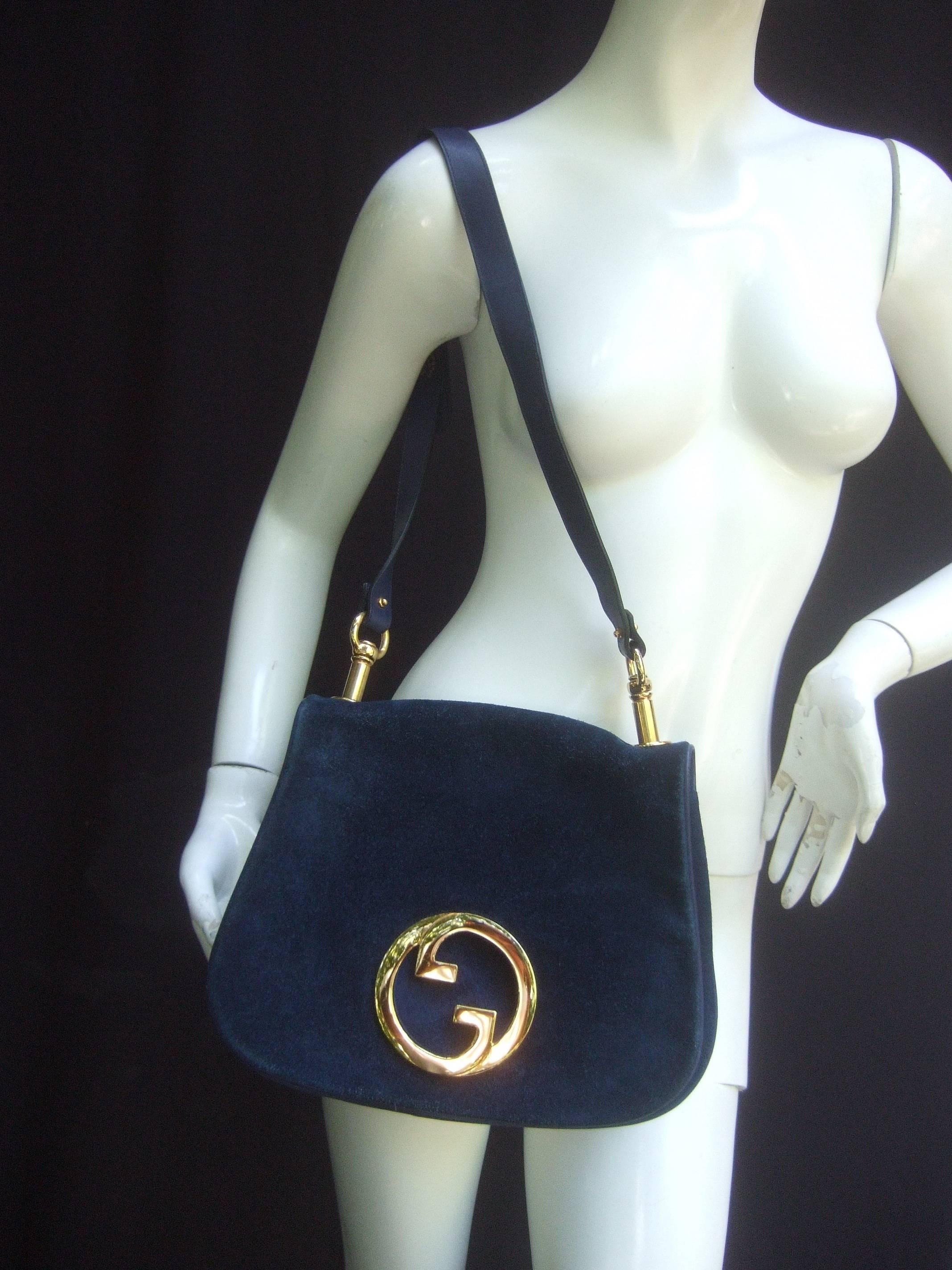 Gucci Italy Rare Midnight Blue Suede Shoulder Bag c 1970s 1