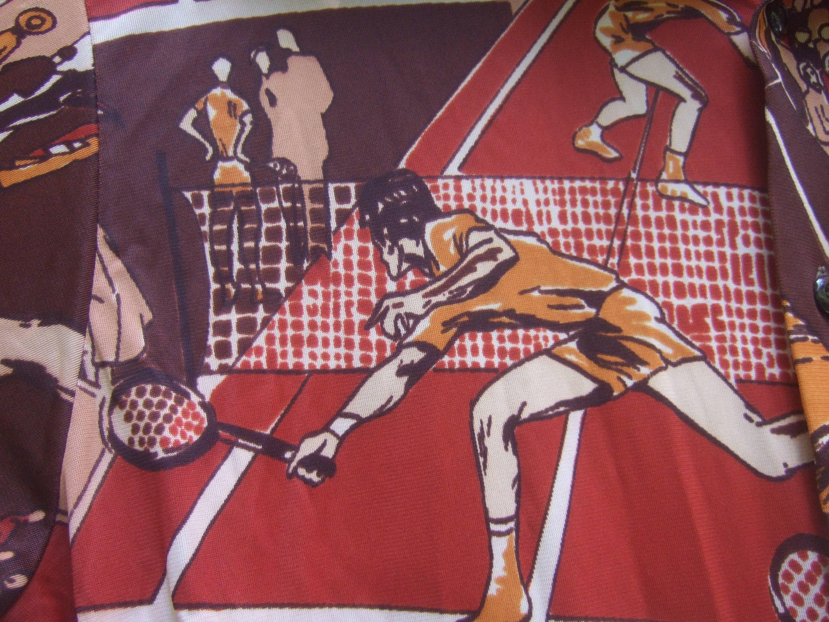 Men's Mod 1970s Polyester Tennis Theme Shirt In Excellent Condition For Sale In University City, MO