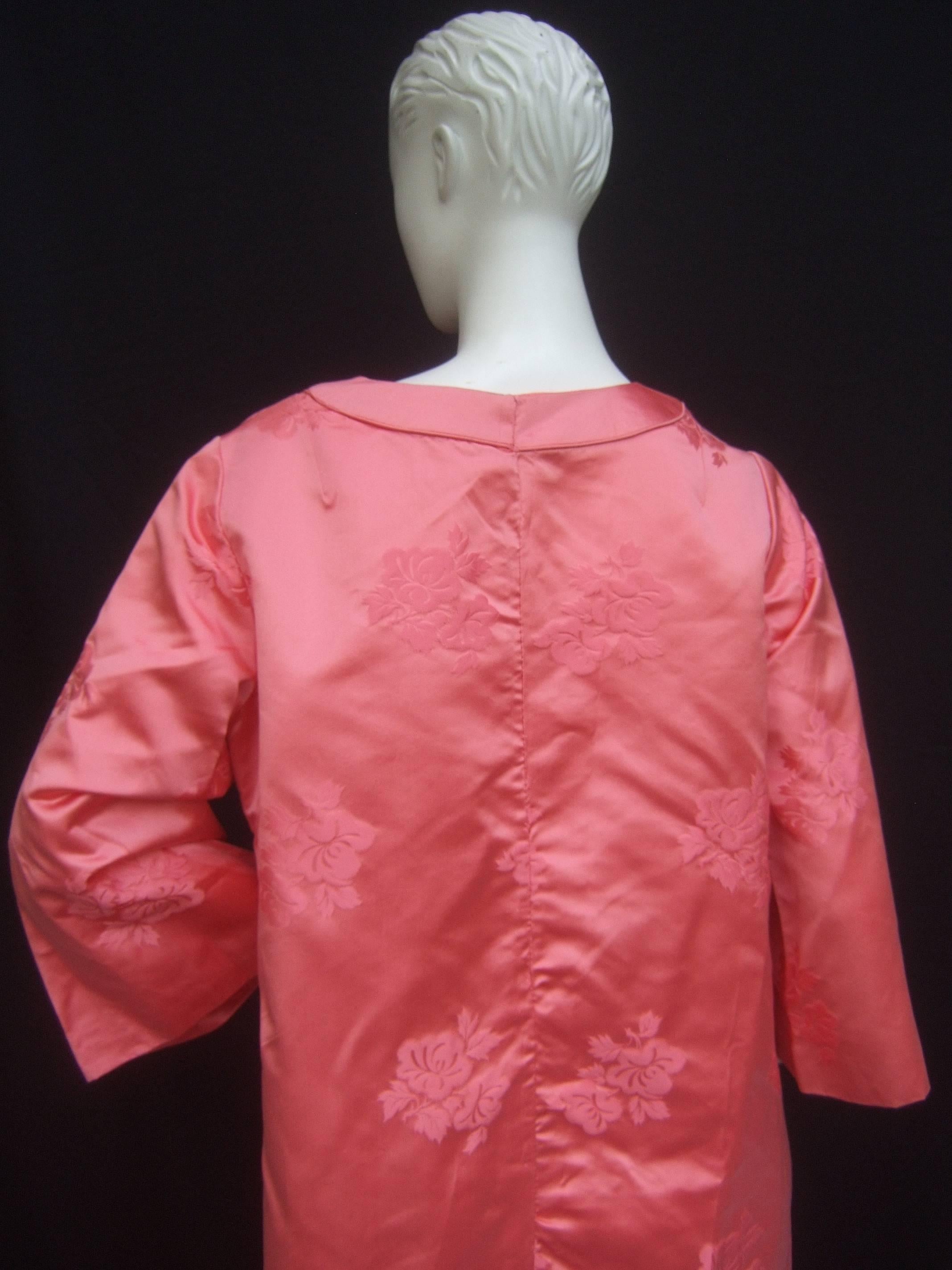 Luxurious Coral Pink Satin Damask Caftan Gown c 1970s 1