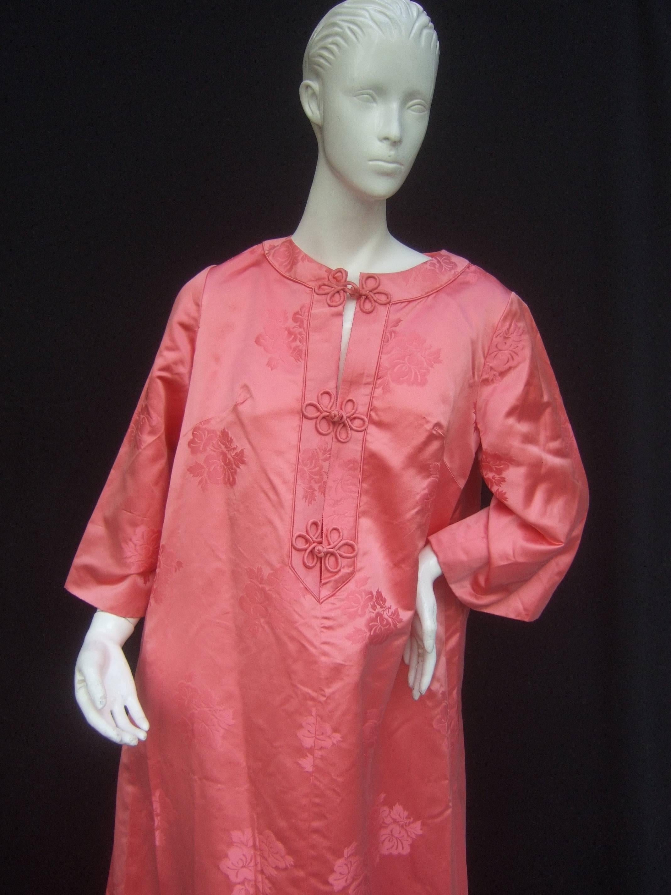 Women's Luxurious Coral Pink Satin Damask Caftan Gown c 1970s