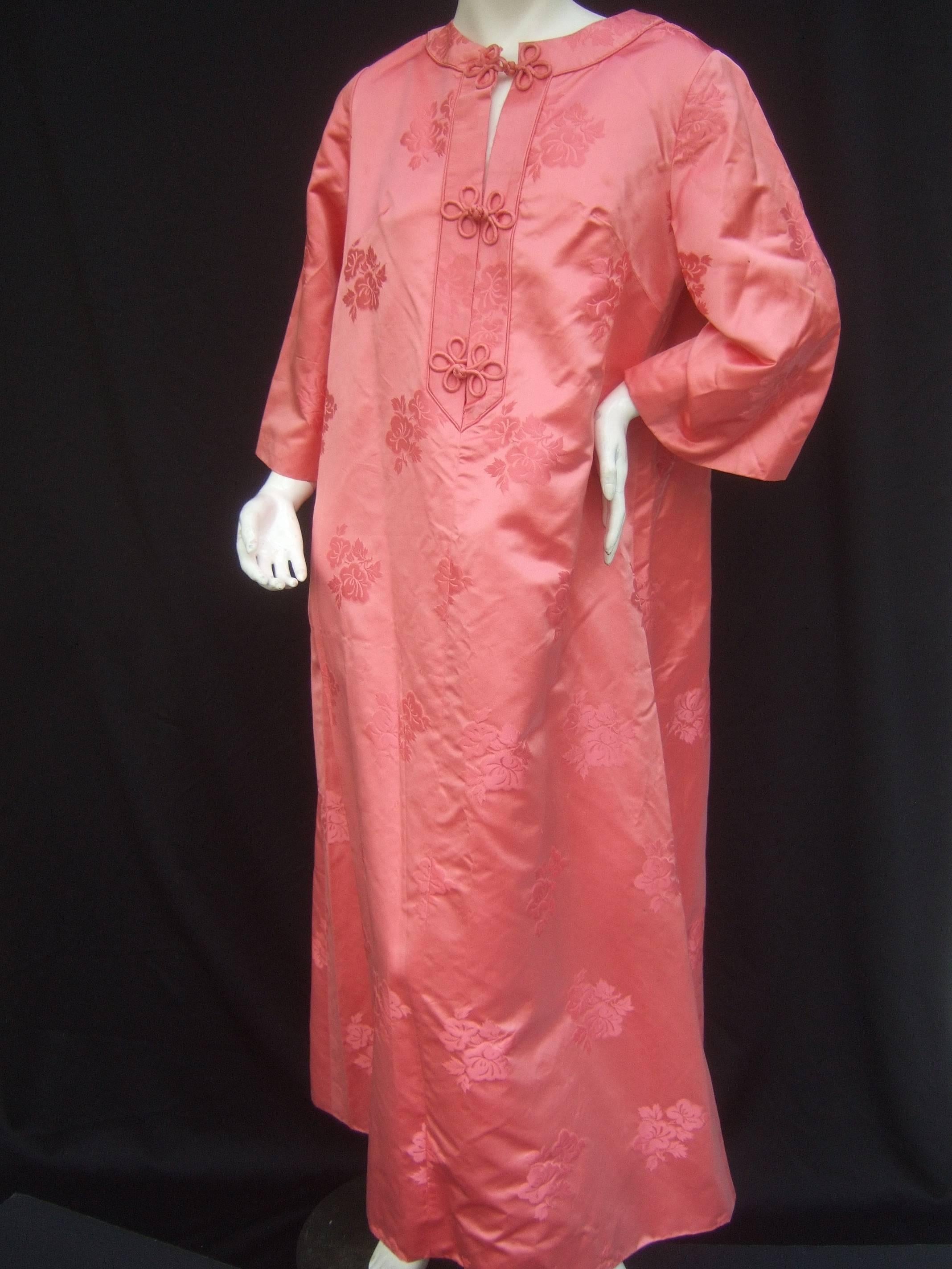 Luxurious Coral Pink Satin Damask Caftan Gown c 1970s 2