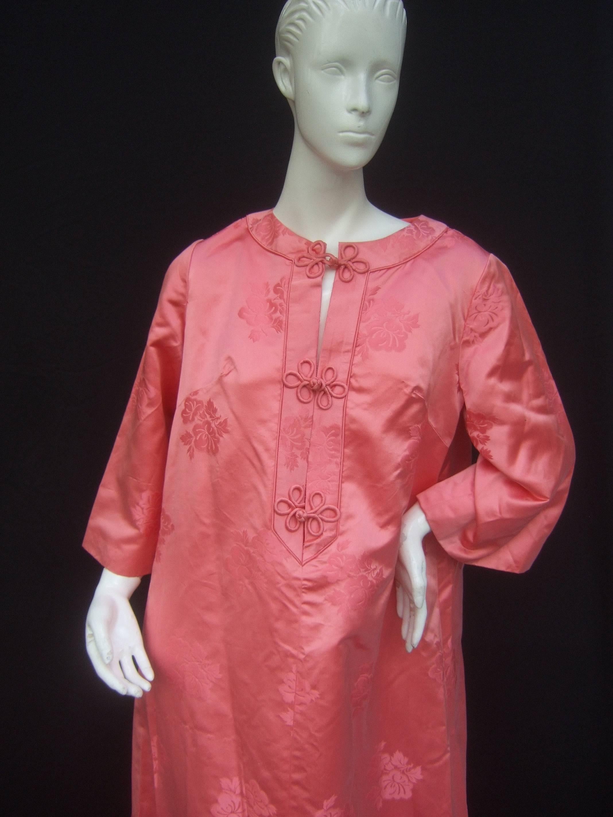 Luxurious Coral Pink Satin Damask Caftan Gown c 1970s 5
