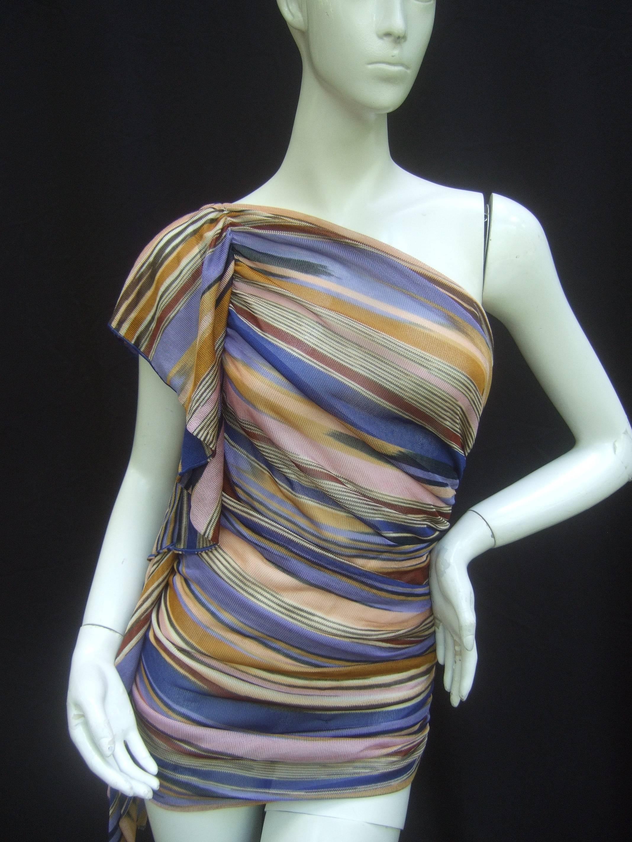 Missoni Italy horizontal striped knit one shoulder top 
The Italian knit top is designed with ruched draping
that gathers on one side. This creates subtle draped 
loose pleating that runs across the front and back sides

The gathered draping