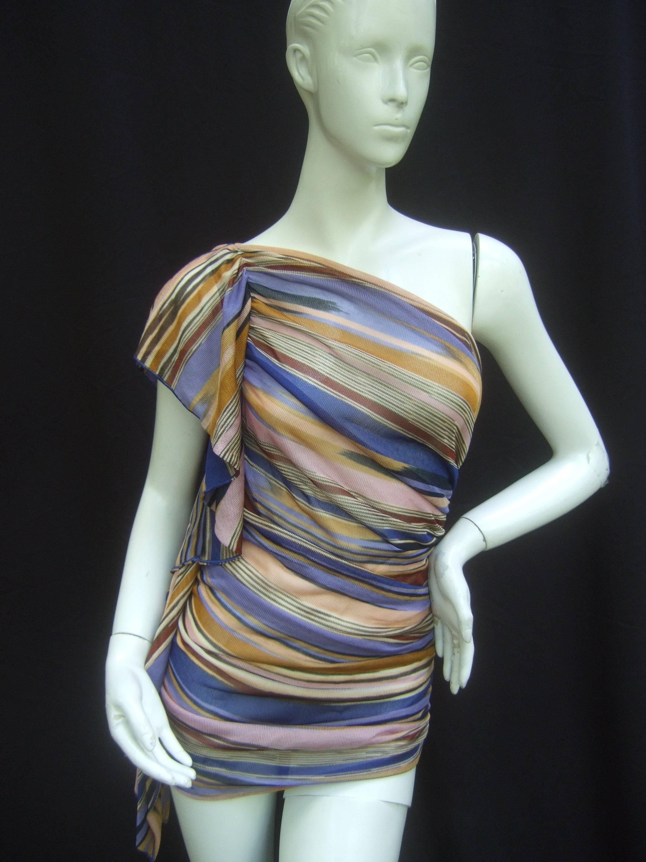 Gray Missoni Italy Horizontal Striped Ruched Knit One Shoulder Top 