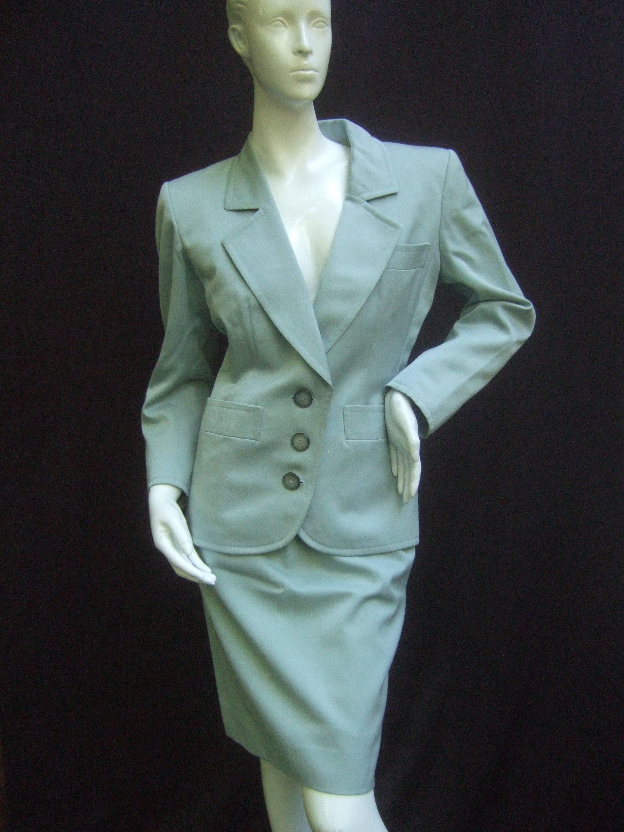 Yves Saint Laurent Couture Sage Green Suit. 1980's Power Dressing. In Fair Condition For Sale In University City, MO