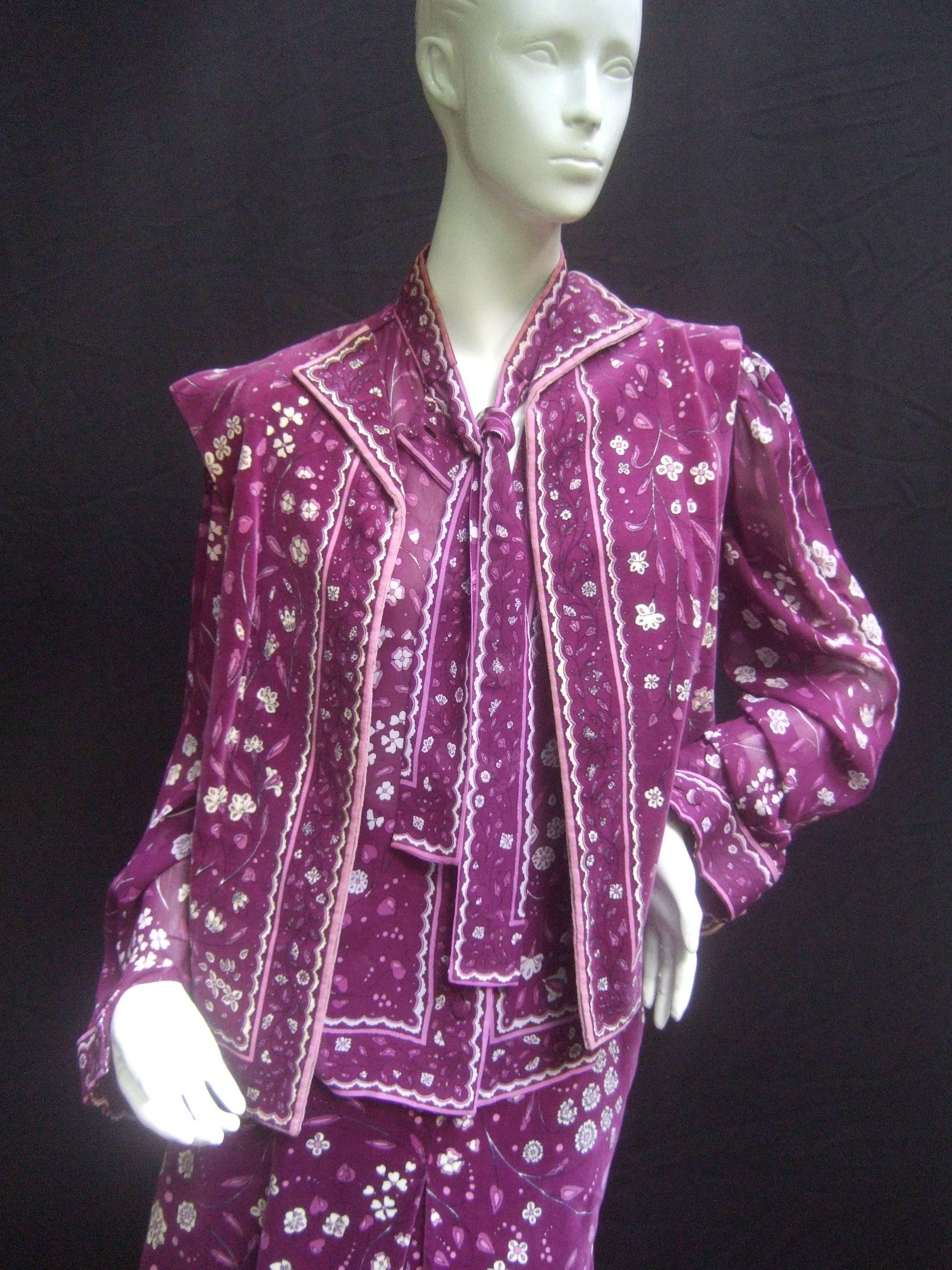 Gray Emilio Pucci Purple Floral Silk & Velvet Ensemble c 1970 For Sale