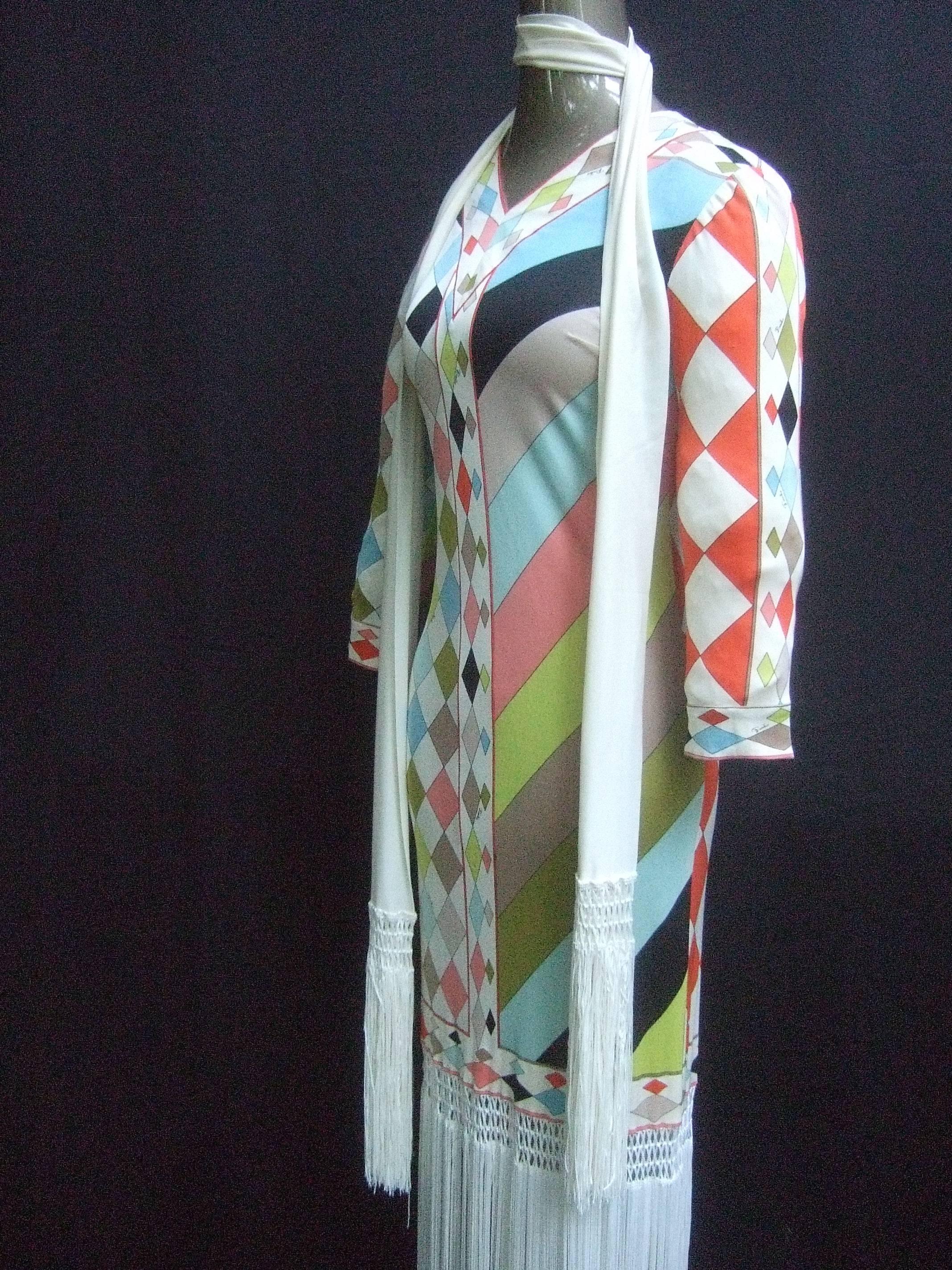 Gray Flapper Style Fringed Pucci Dress and Scarf.  1960's.