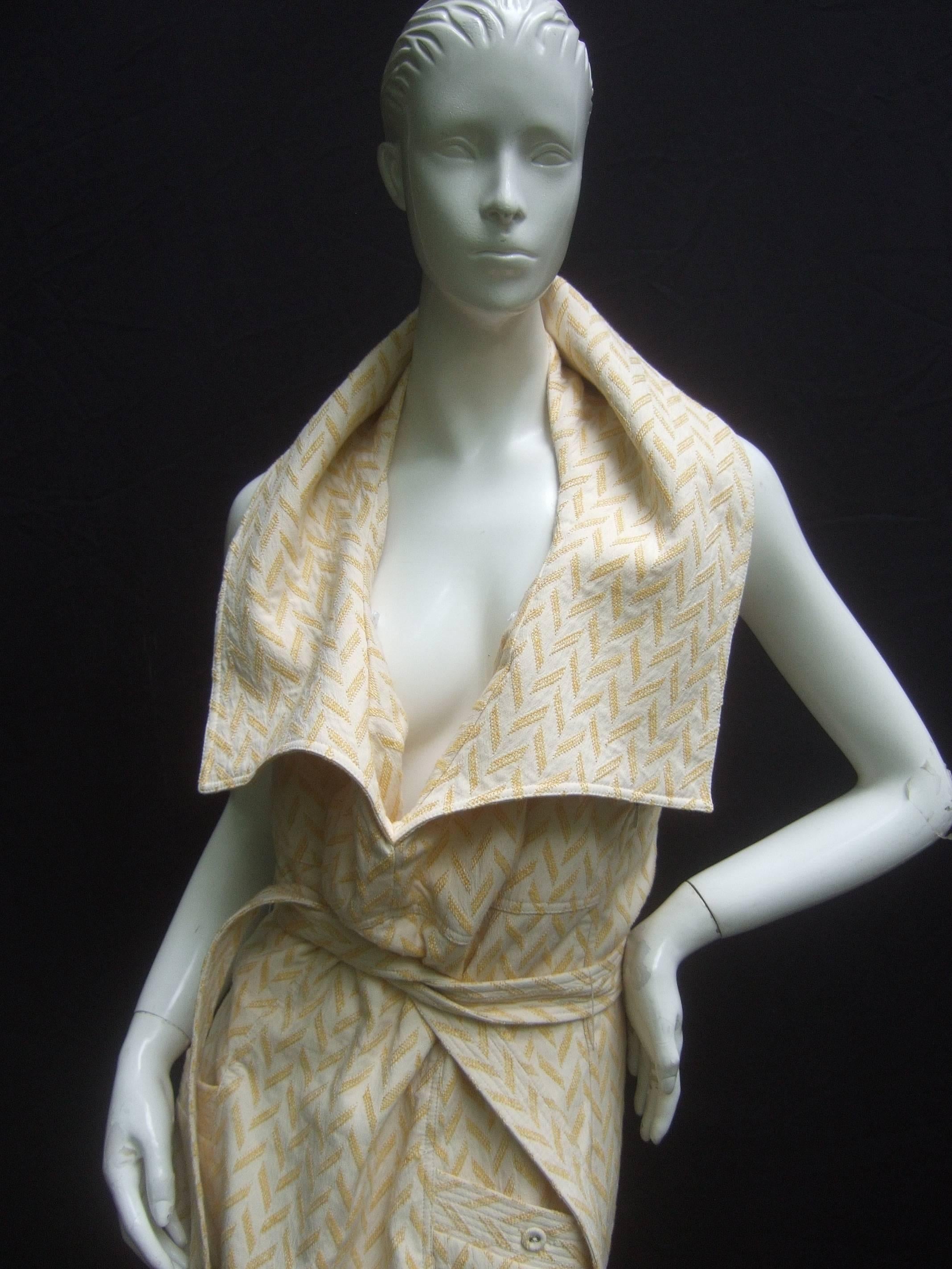 Beige Bill Blass Chic Cotton Linen Print Backless Dress US Size 12