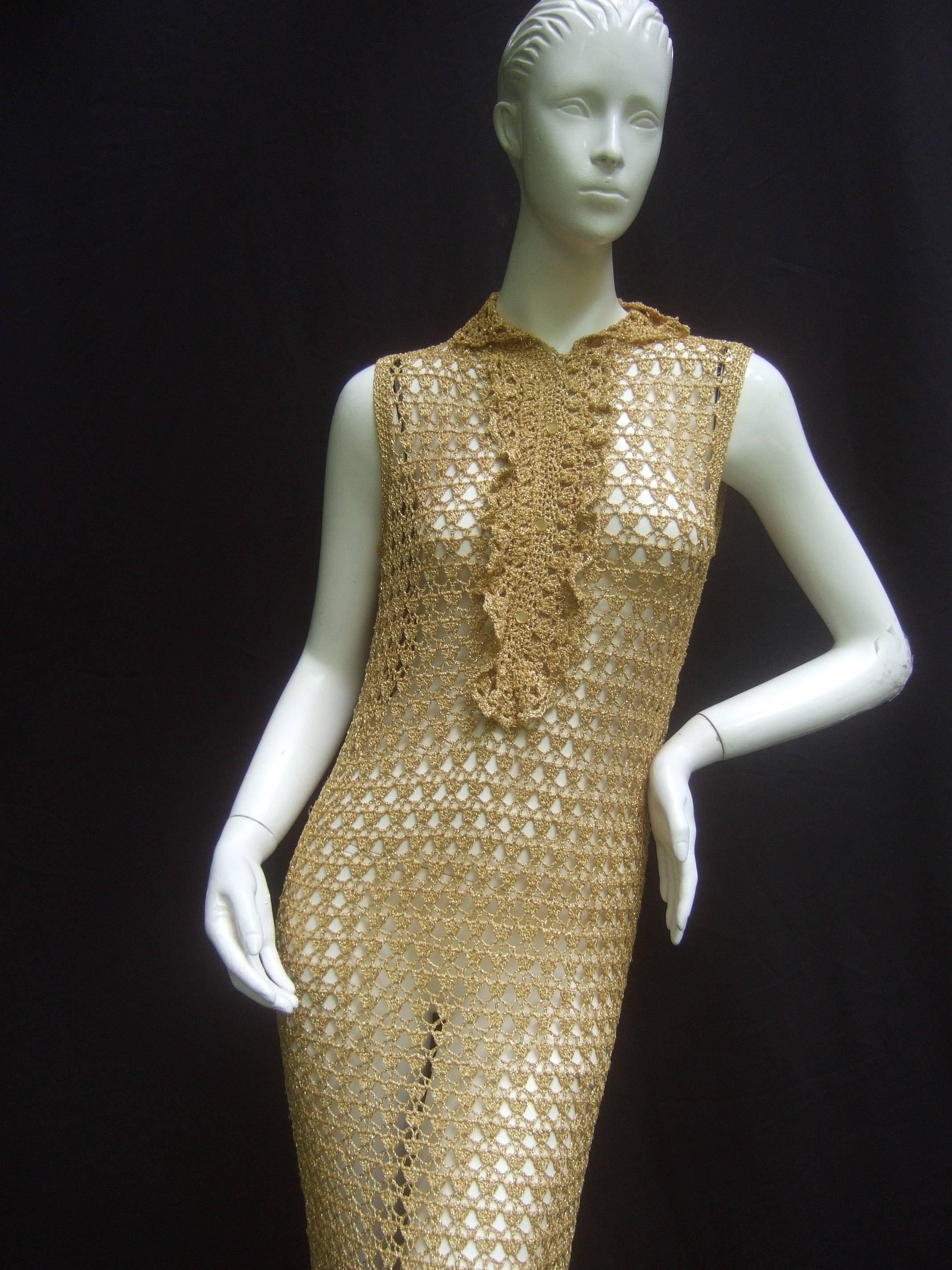 Brown Slinky 1960's Gold Metallic Crochet Gown.