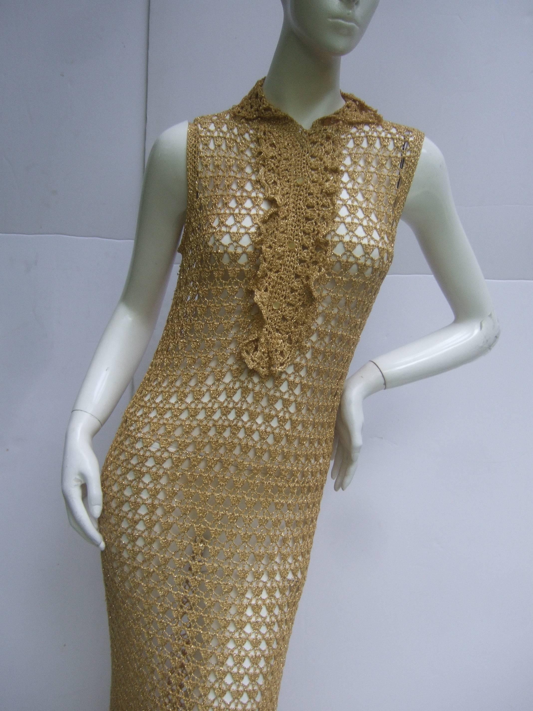 Women's Slinky 1960's Gold Metallic Crochet Gown.