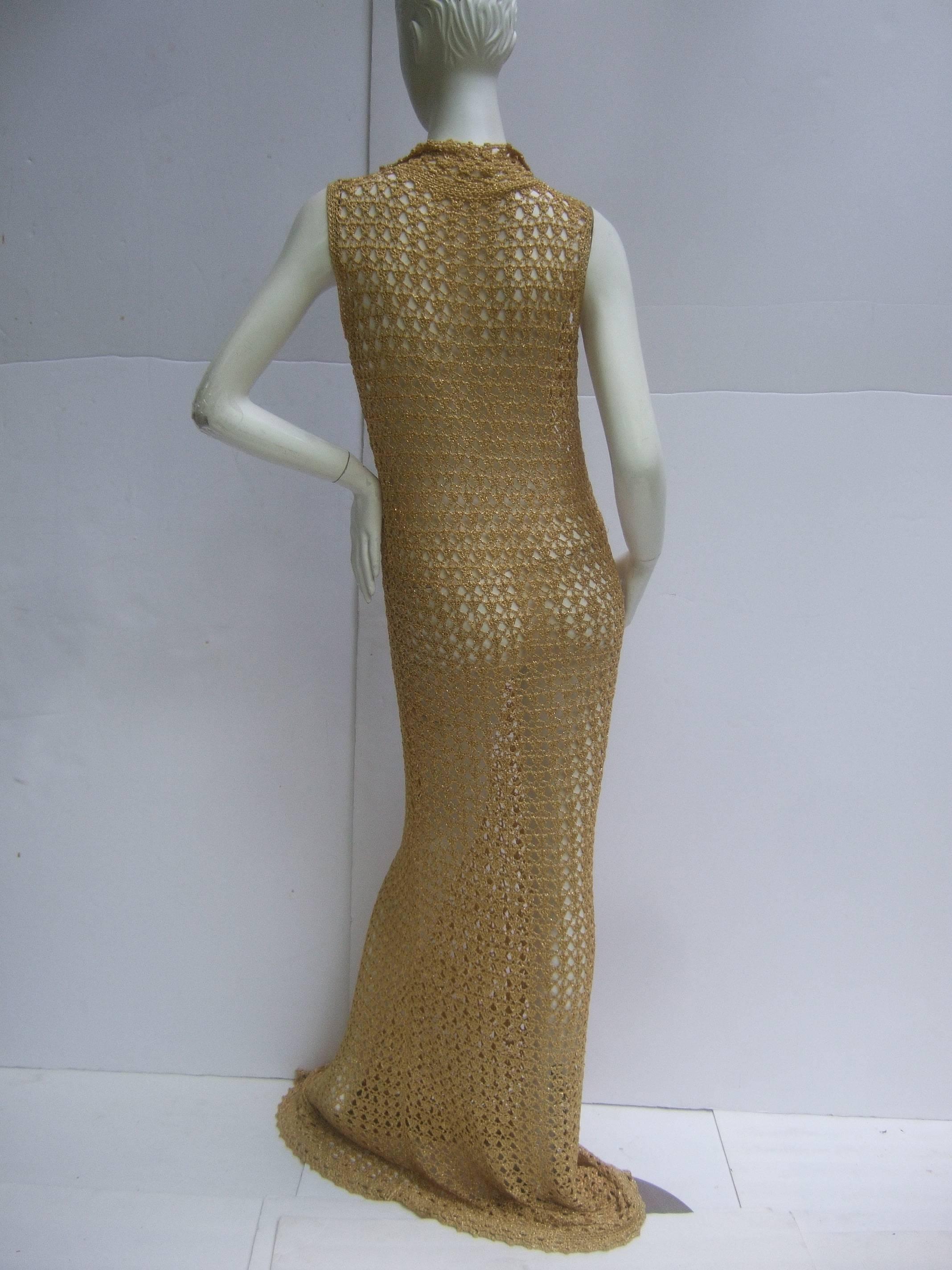 Slinky 1960's Gold Metallic Crochet Gown. 1