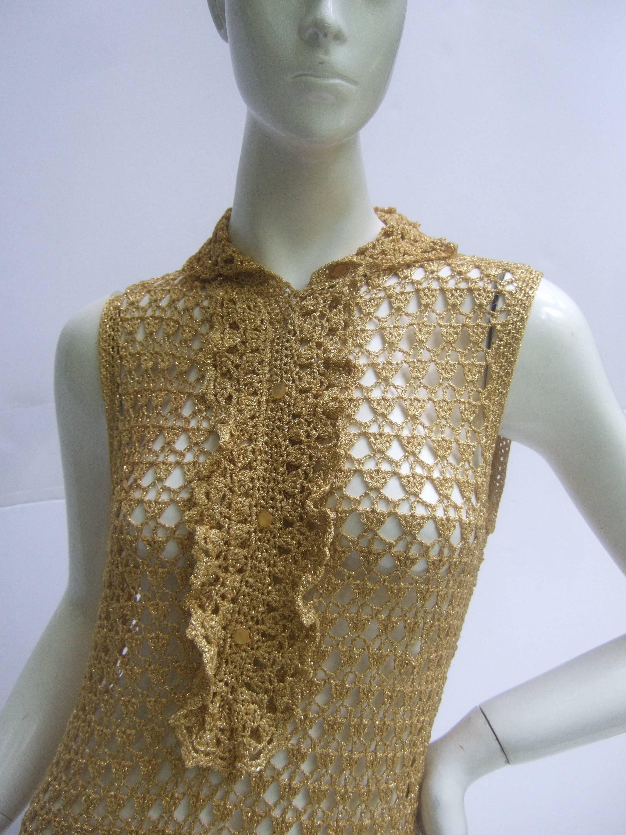Slinky 1960's Gold Metallic Crochet Gown. In Good Condition In University City, MO