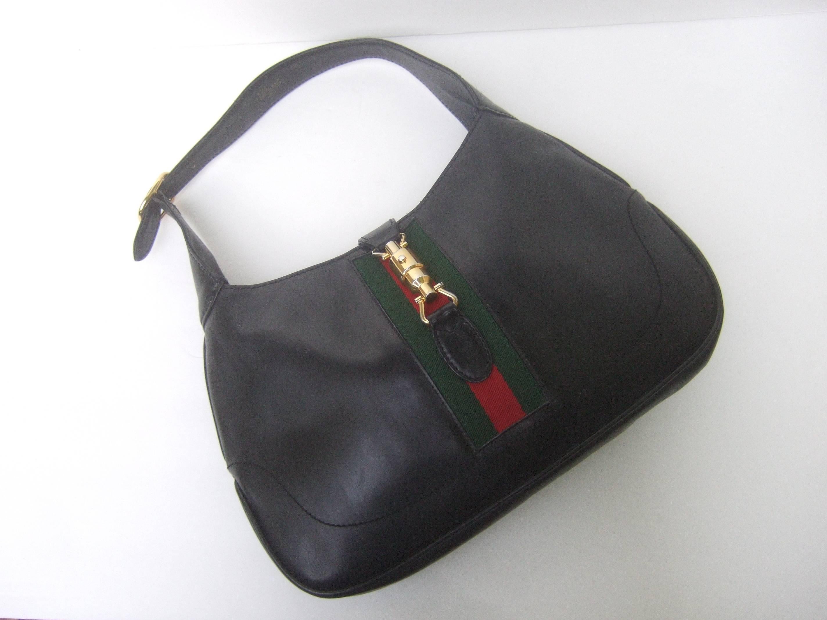 Black Gucci Italy Iconic Ebony Leather Jackie O Piston Handbag c 1970s