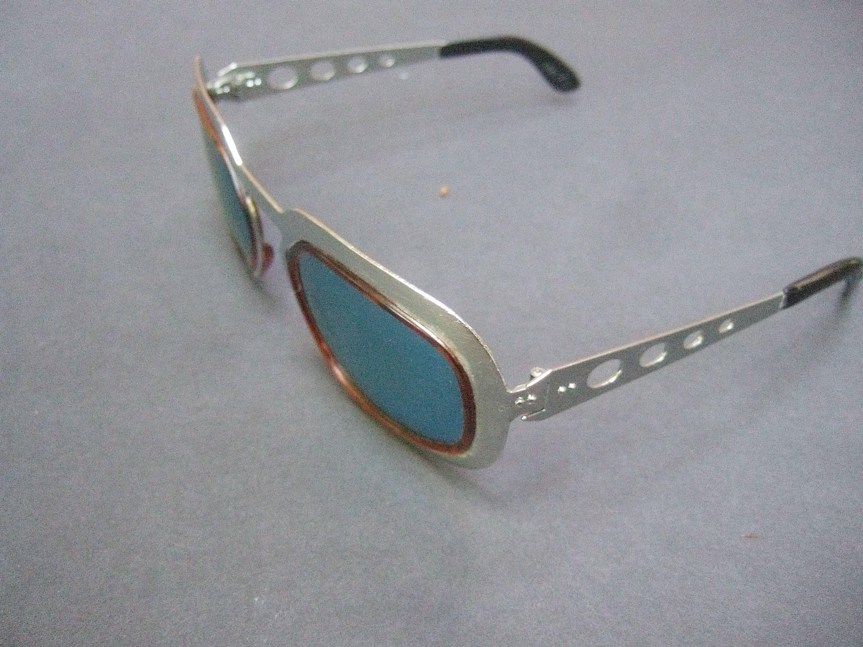 Mod Italian Silver Metal Blue Lens Unisex Sunglasses c 1970 6