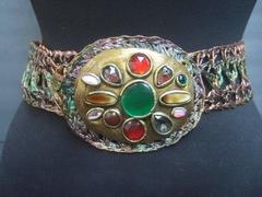 Artisan Glass Stone Buckle Woven Metal Belt c 1980s