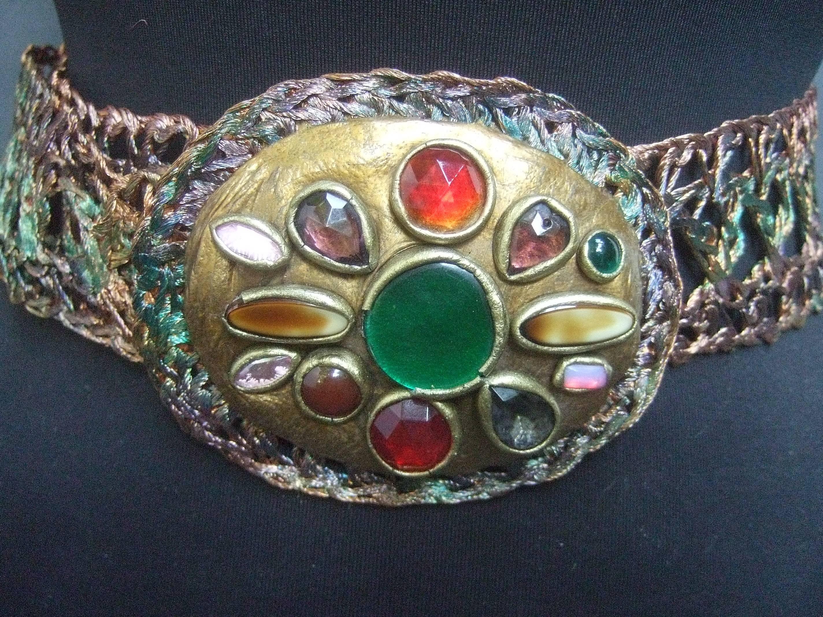 Artisan Glass Stone Buckle Woven Metal Belt c 1980s In Good Condition For Sale In University City, MO