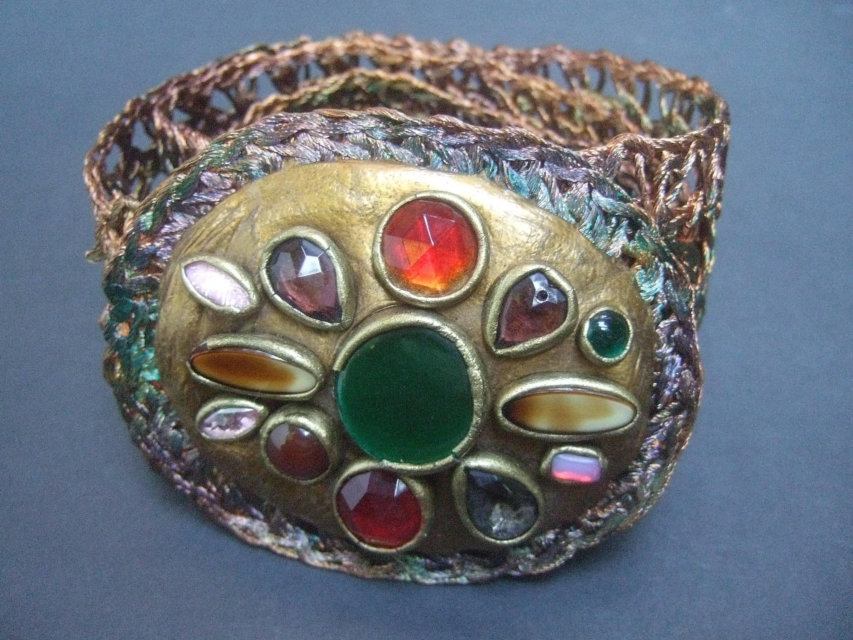 Artisan Glass Stone Buckle Woven Metal Belt c 1980s For Sale 1