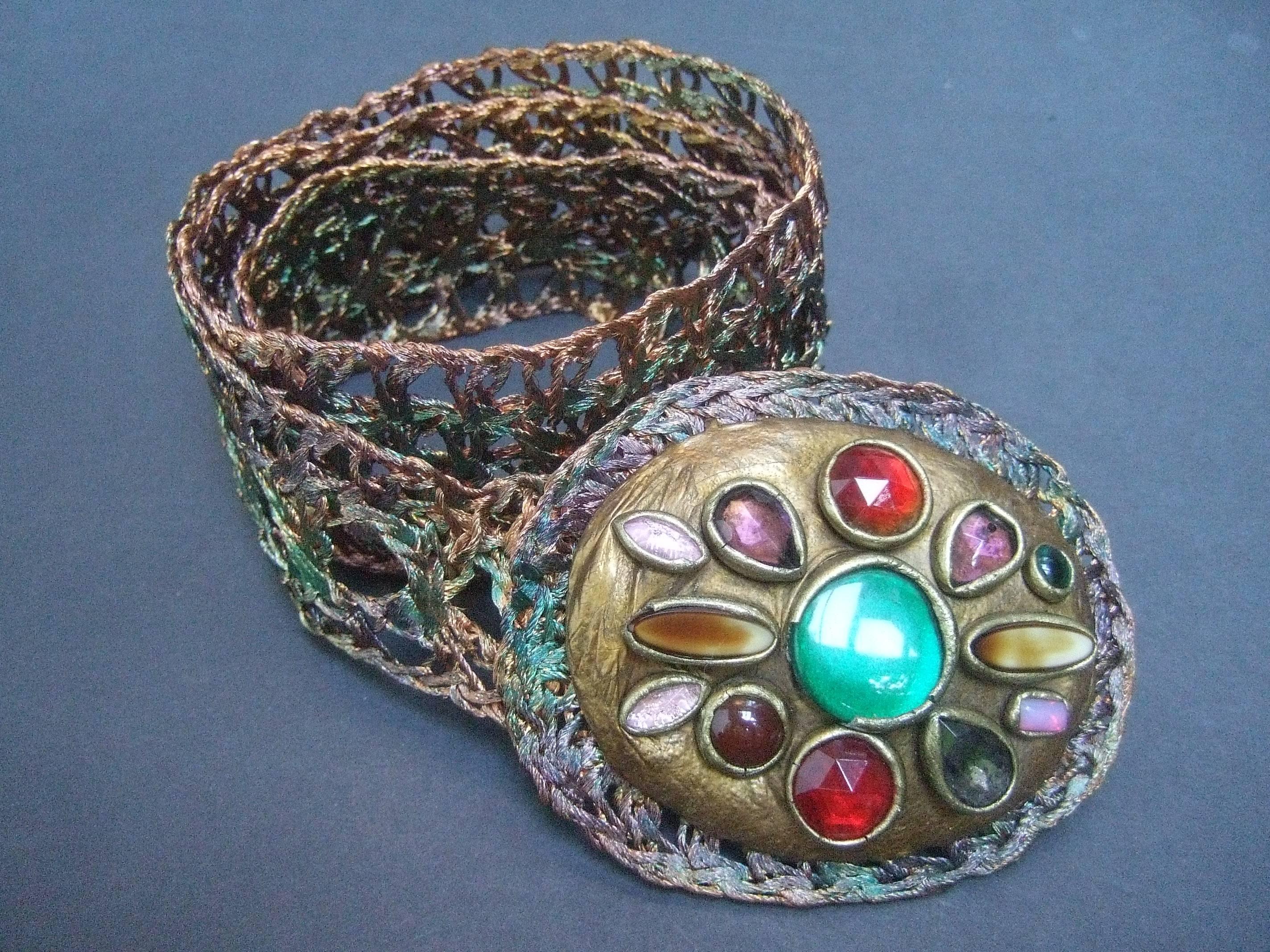 Artisan Glass Stone Buckle Woven Metal Belt c 1980s For Sale 2