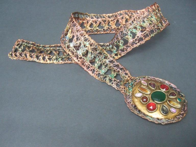 VINTAGE 80\'S Artisan Glass Stone Buckle Woven Belt c 1980s Artisan Glass Stone Buckle Woven Metal Belt c 1980s For Sale  main image 3