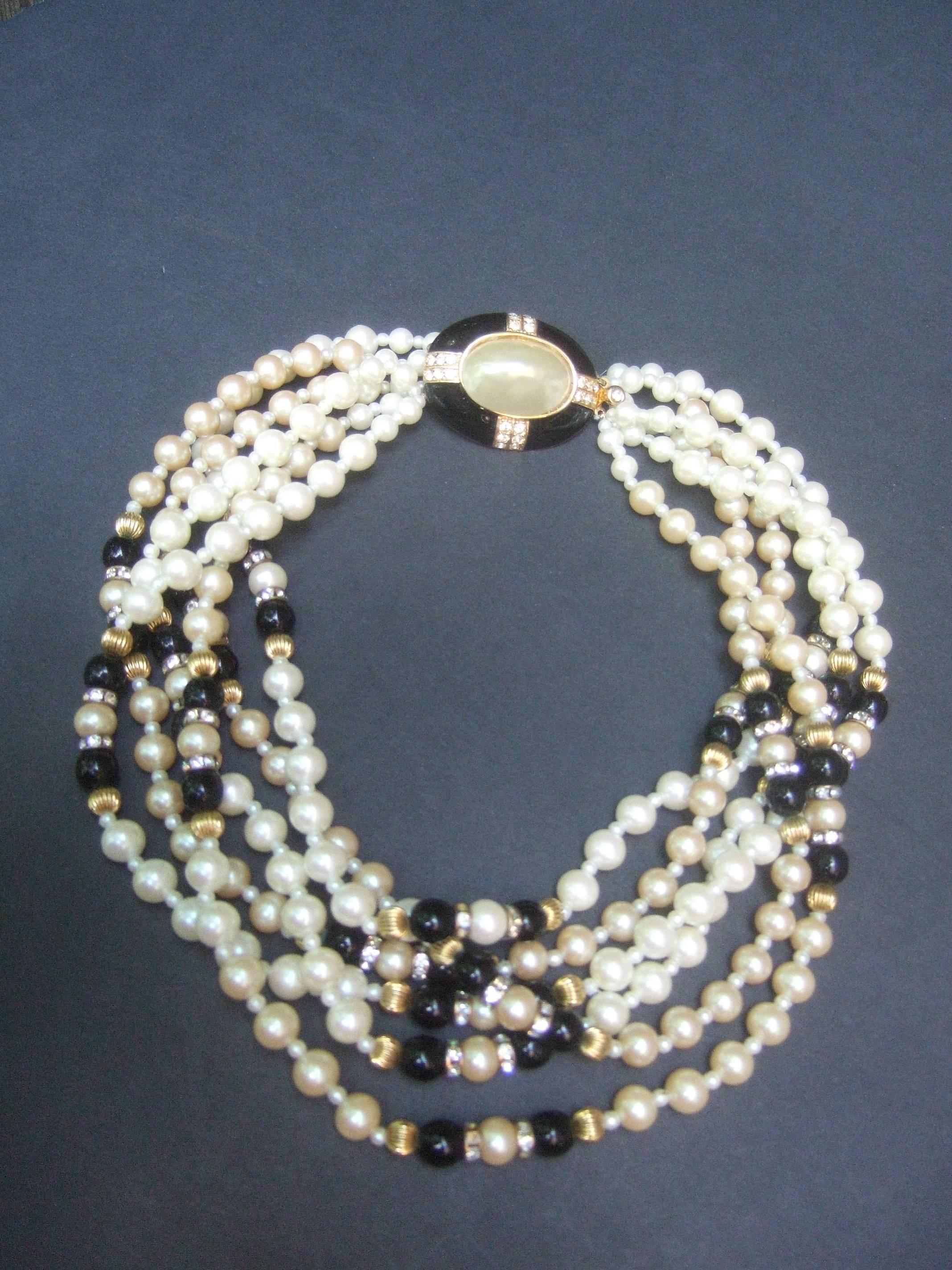 Elegant Glass Enamel Pearl Choker Necklace c 1980s 1