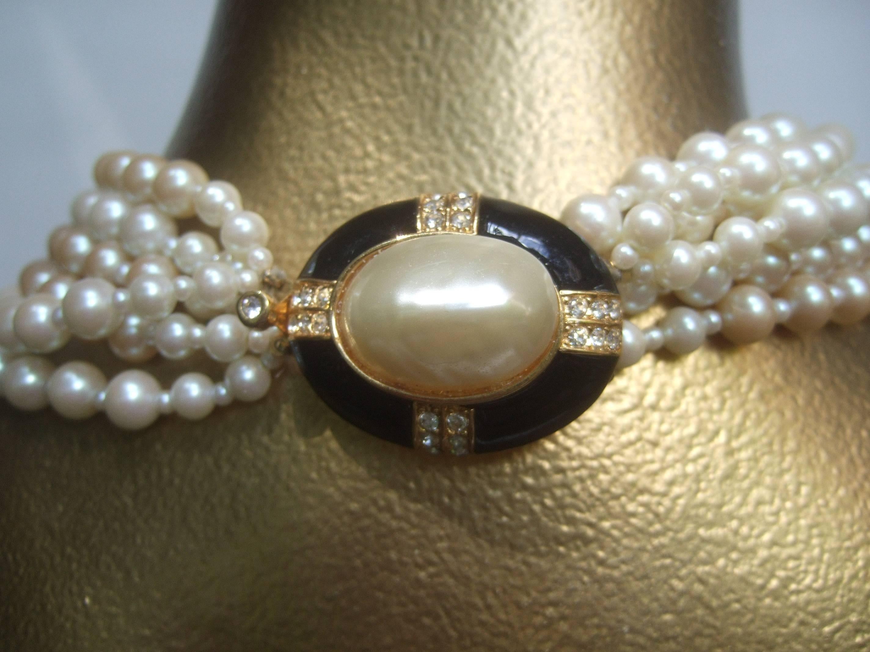 Elegant Glass Enamel Pearl Choker Necklace c 1980s 2