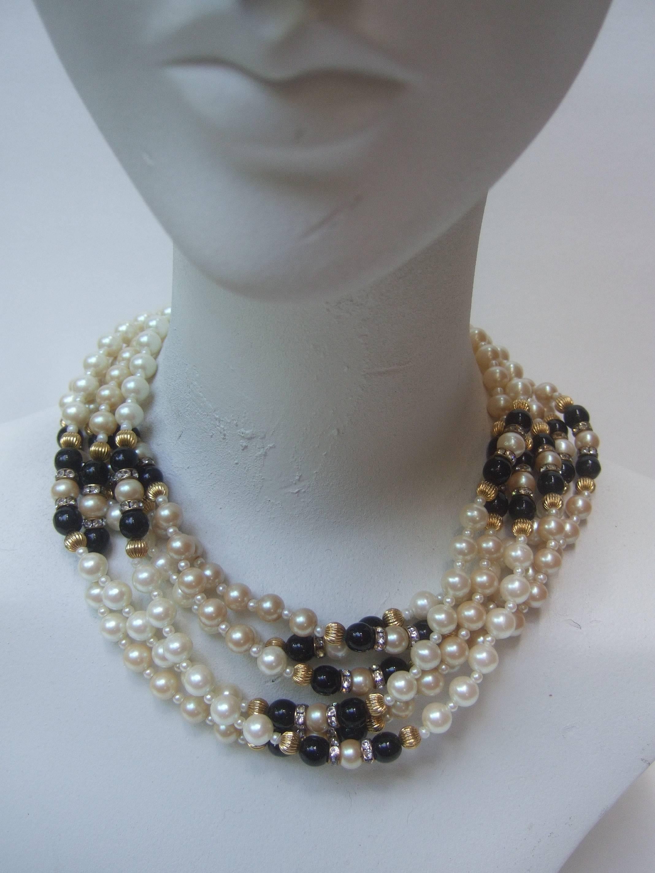 Elegant Glass Enamel Pearl Choker Necklace c 1980s 3