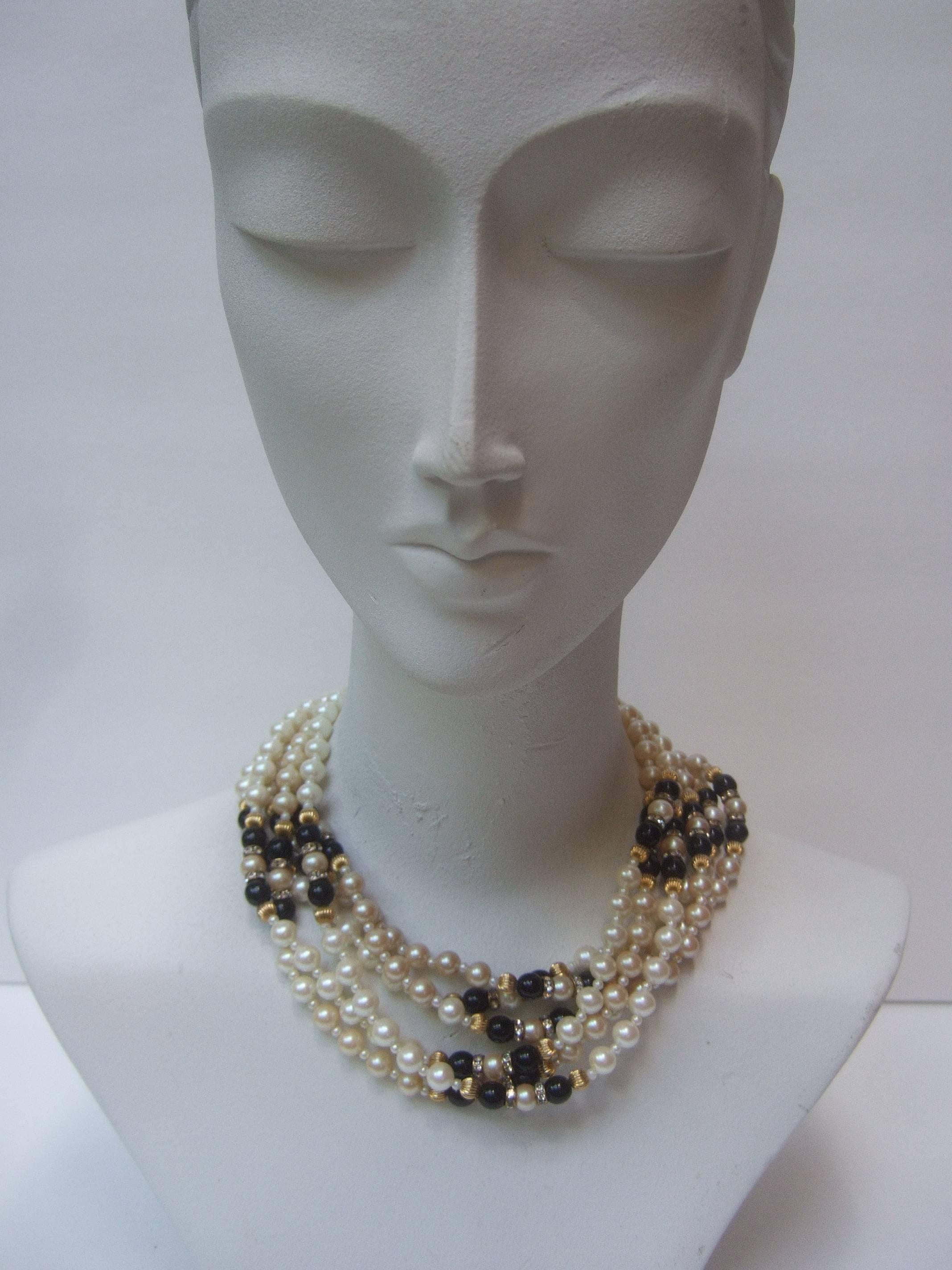 Elegant Glass Enamel Pearl Choker Necklace c 1980s 4