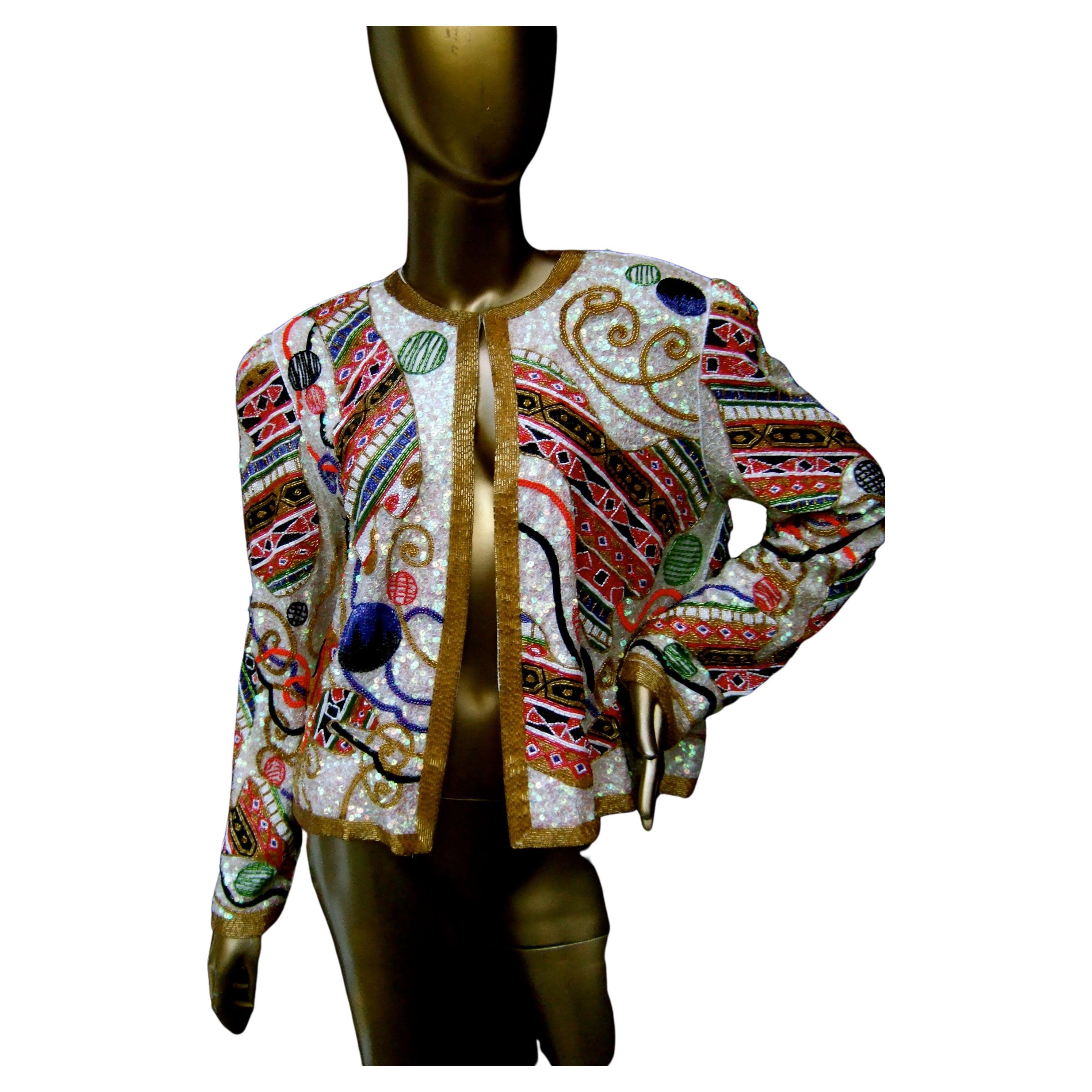 Neiman Marcus Glass Silk Beaded & Sequined Evening Jacket c 1980s 1