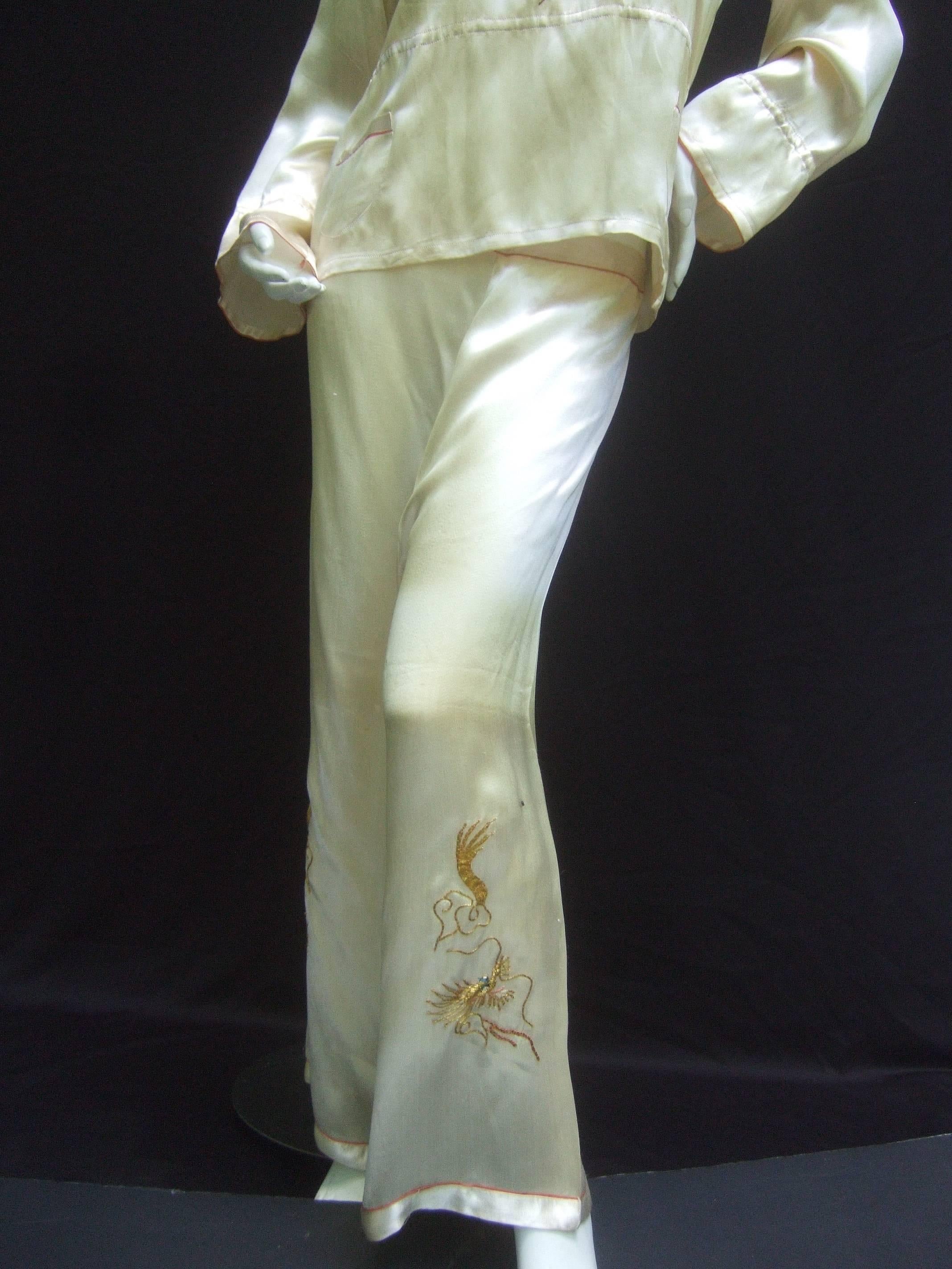Gray Luxurious Ivory Satin Asian Embroidered Lounge Pajamas c 1950s