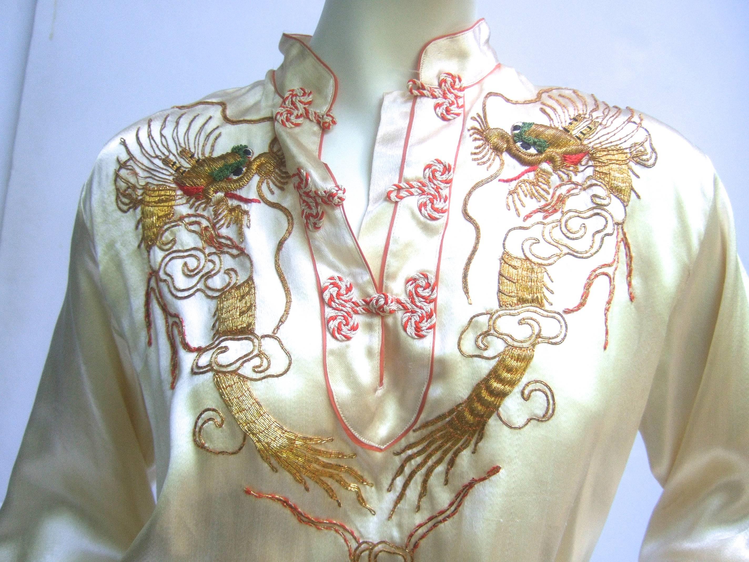 Luxurious Ivory Satin Asian Embroidered Lounge Pajamas c 1950s In Good Condition In University City, MO