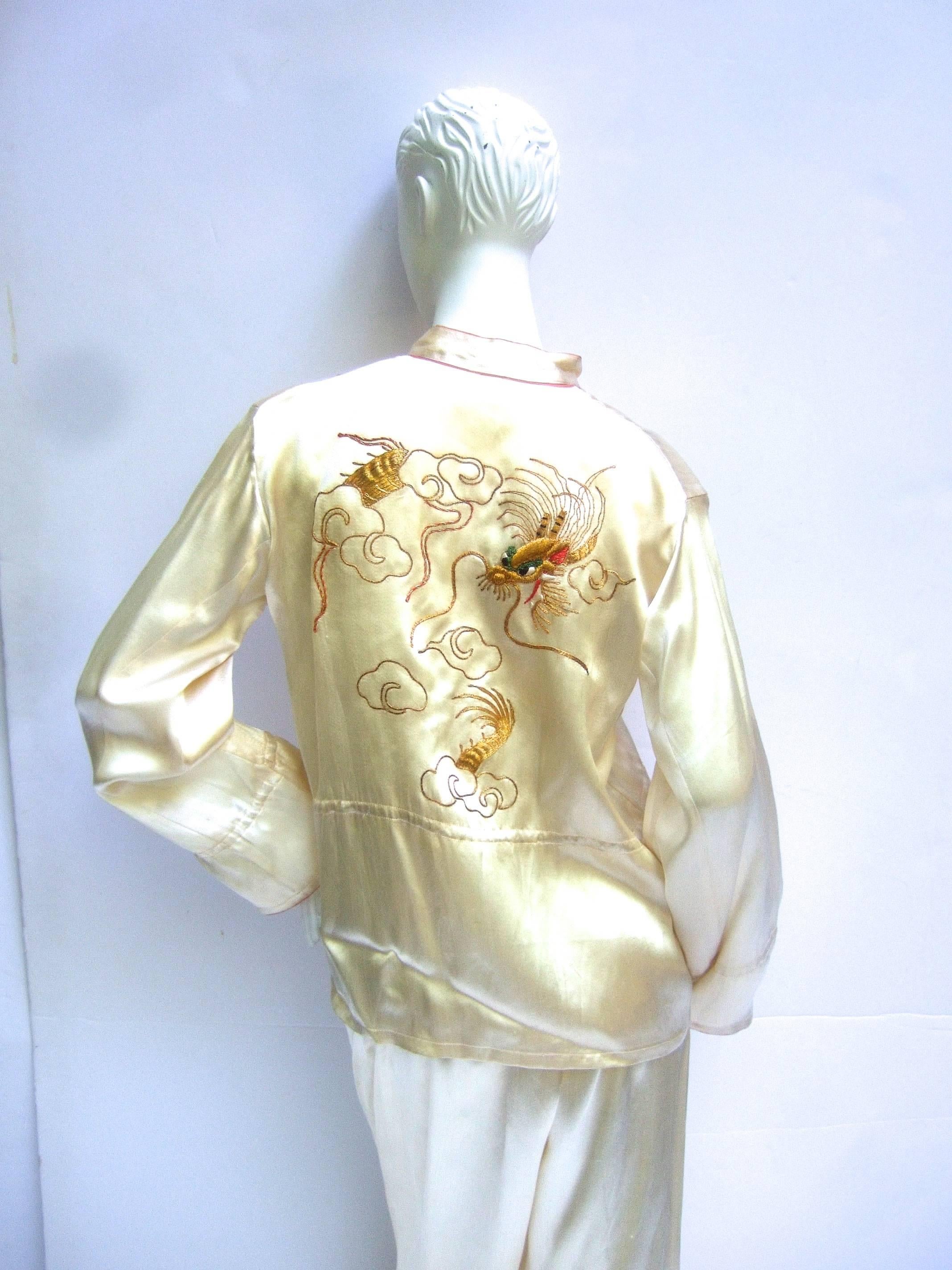 Women's Luxurious Ivory Satin Asian Embroidered Lounge Pajamas c 1950s