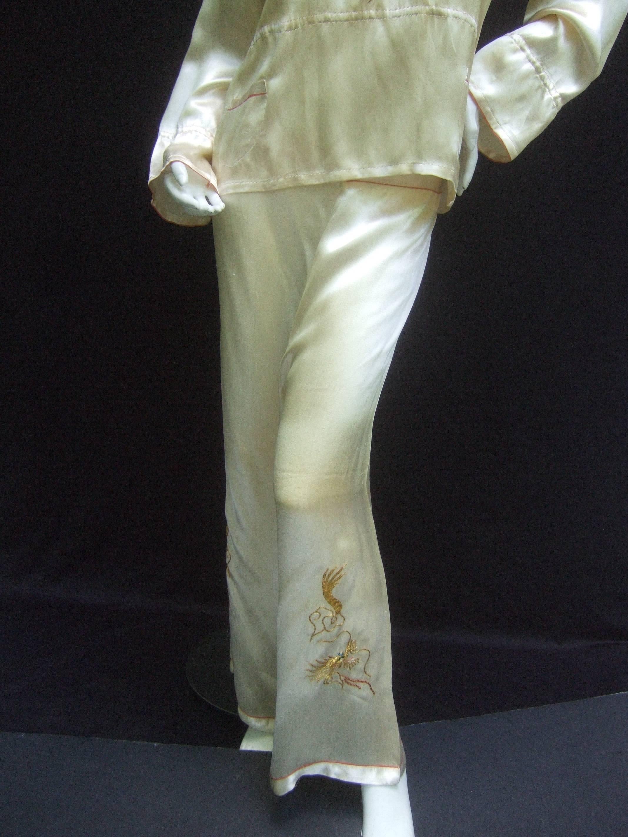 Luxurious Ivory Satin Asian Embroidered Lounge Pajamas c 1950s 2