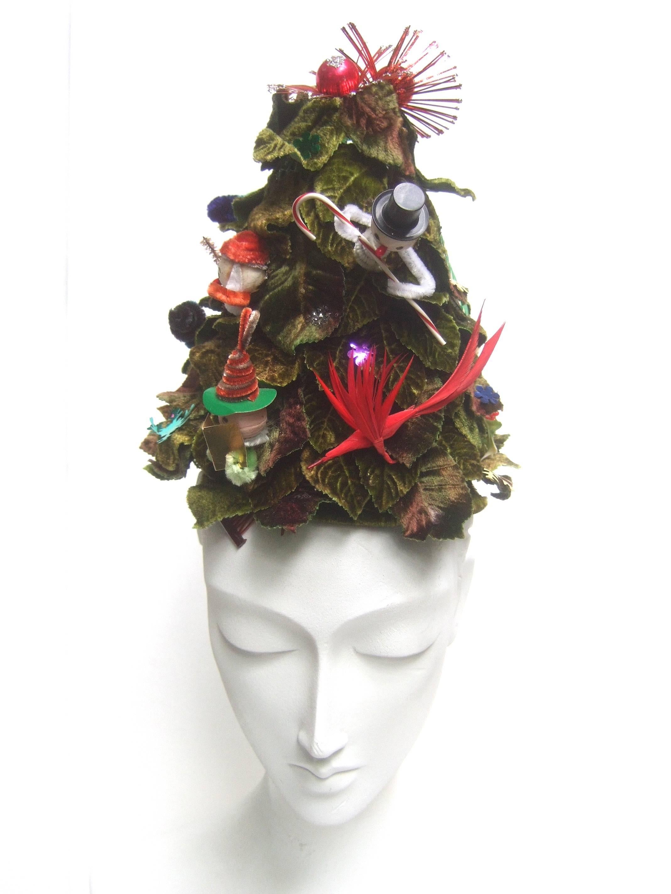 Bes Ben Whimsical winter wonderland Christmas tree hat c 1950
The incredible artisan hat was conceived from the millinery 
genius of Benjamin Green - Field aka the Mad Hatter 

The extraordinary avant-garde conical hat is designed in the