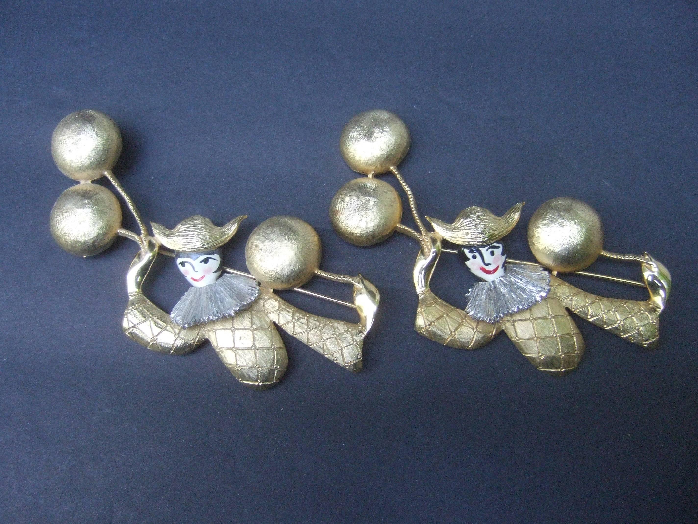 Women's Unique Pair of Large Clown Brooches Designed by Polcini c 1970