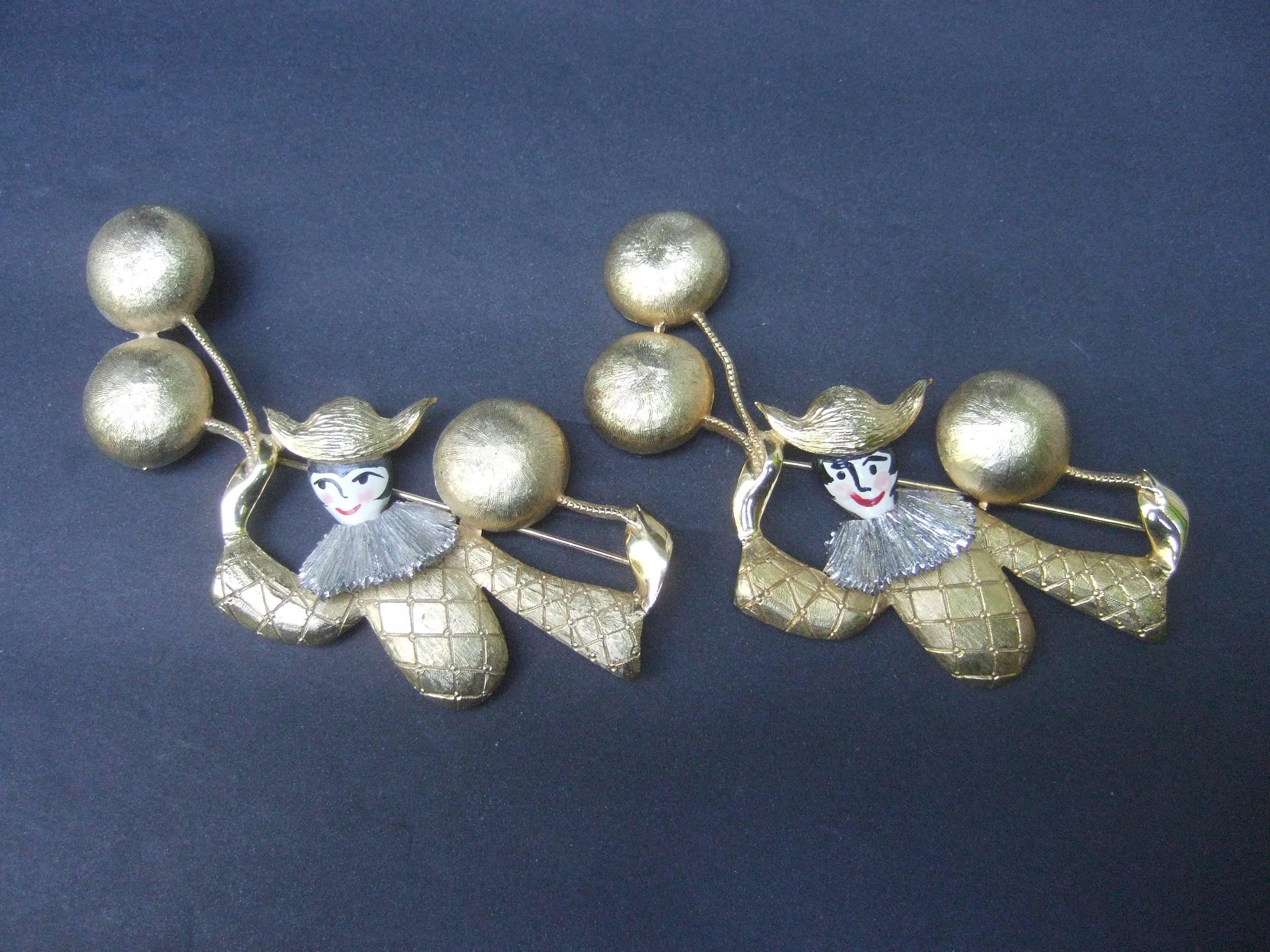 Unique Pair of Large Clown Brooches Designed by Polcini c 1970 3