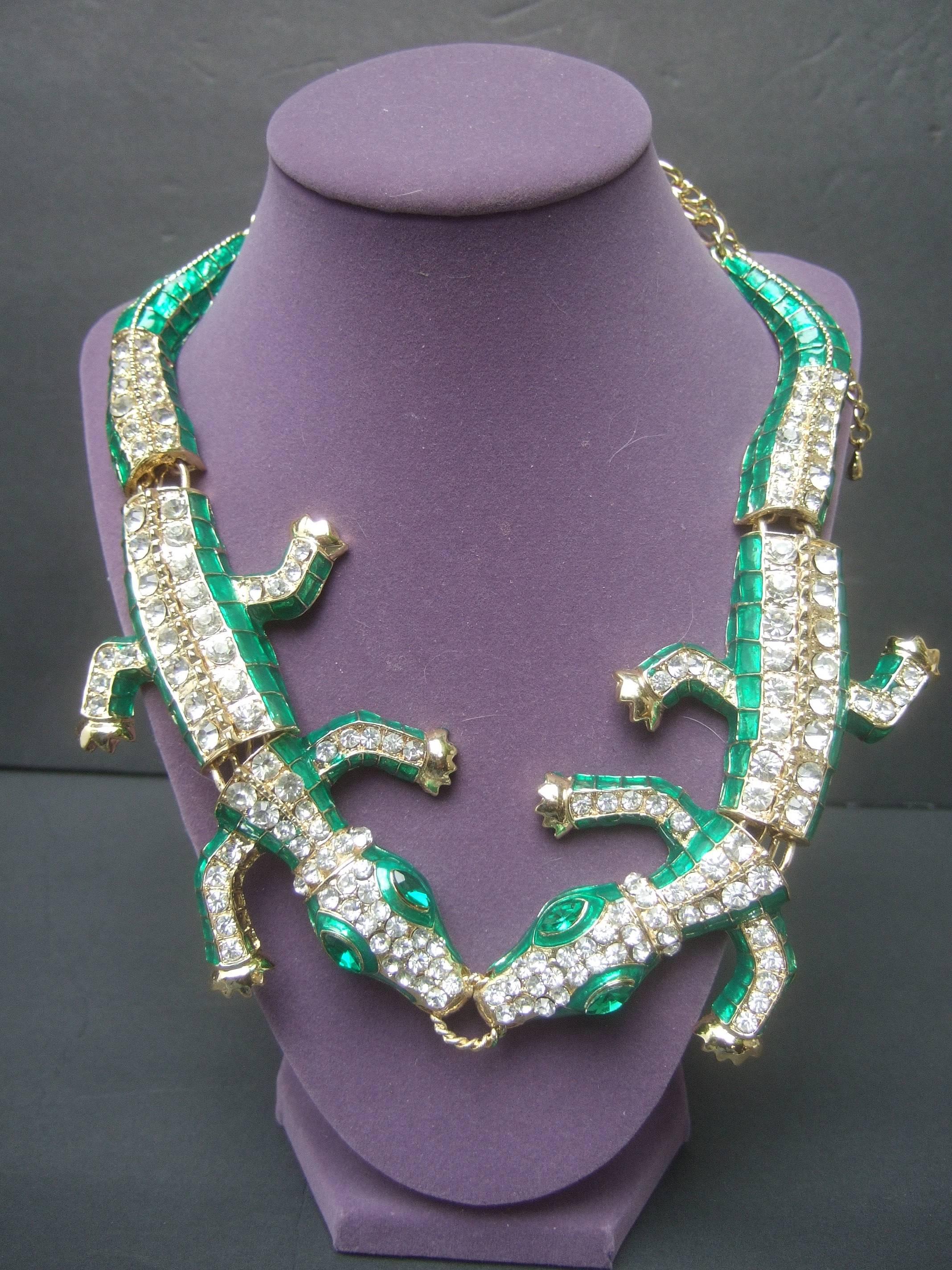 Women's Exotic Green Crystal Articulated Enamel Alligator Necklace