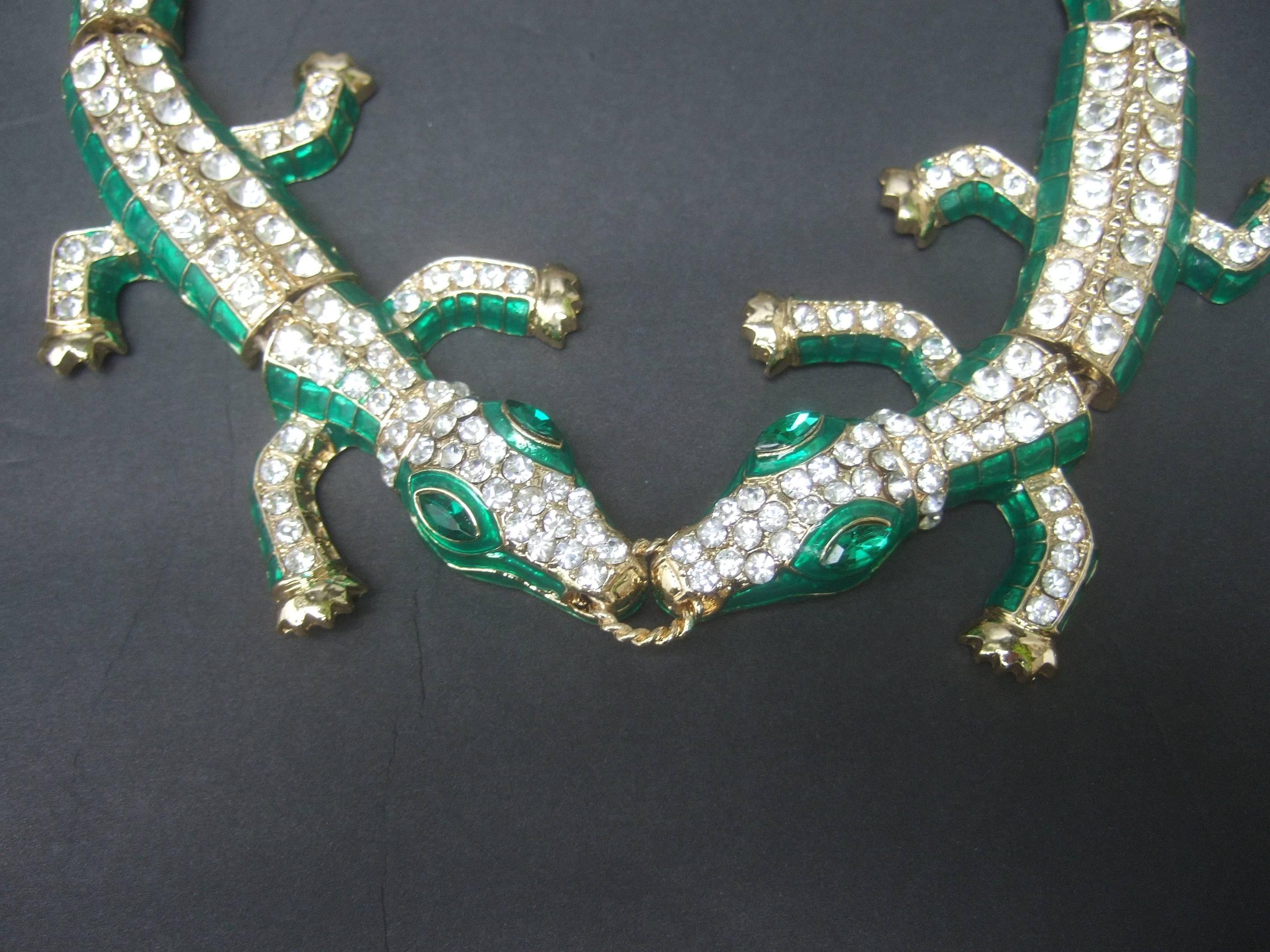 Exotic Green Crystal Articulated Enamel Alligator Necklace 6