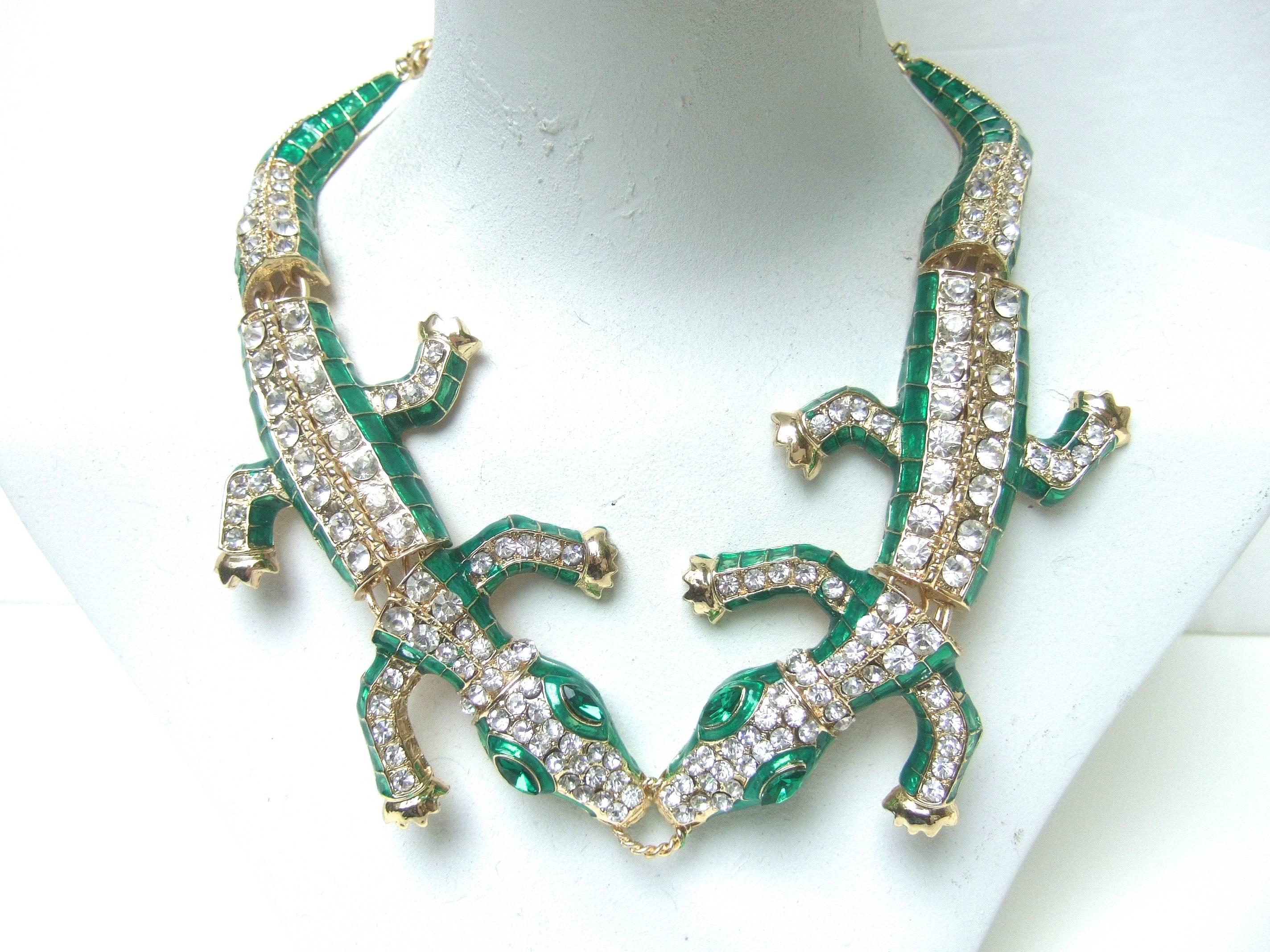 Exotic Green Crystal Articulated Enamel Alligator Necklace 2