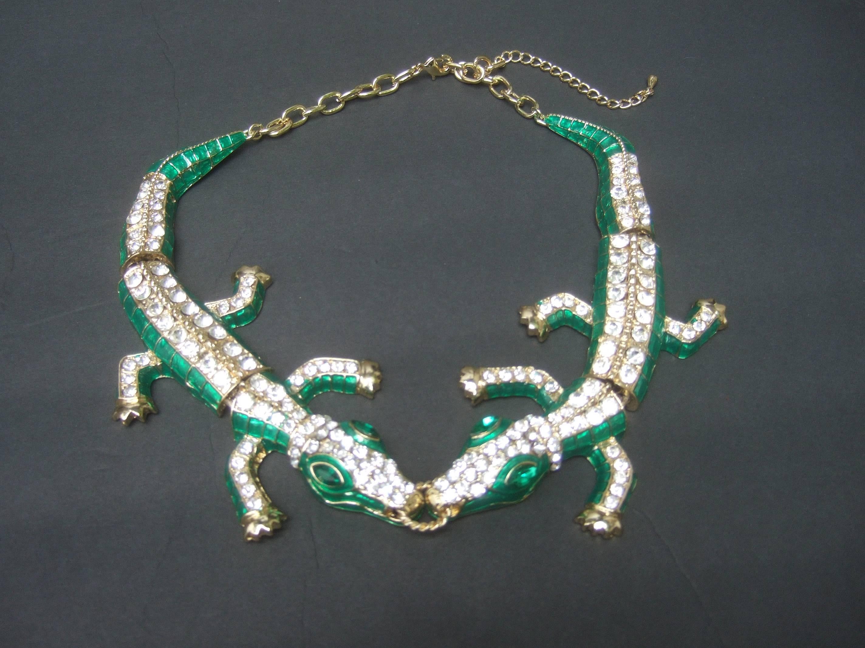 Exotic Green Crystal Articulated Enamel Alligator Necklace 1