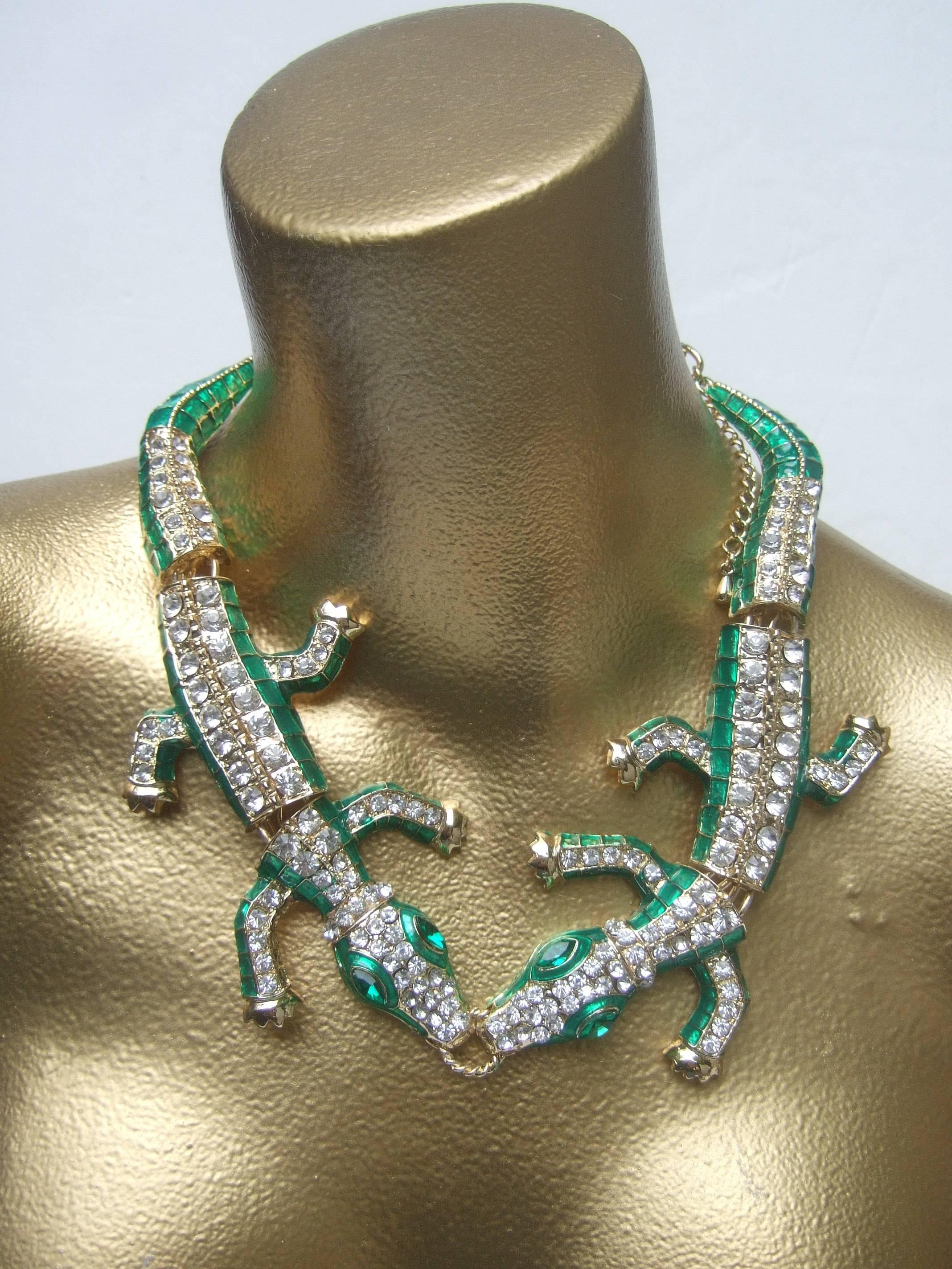 Exotic Green Crystal Articulated Enamel Alligator Necklace In Excellent Condition In University City, MO