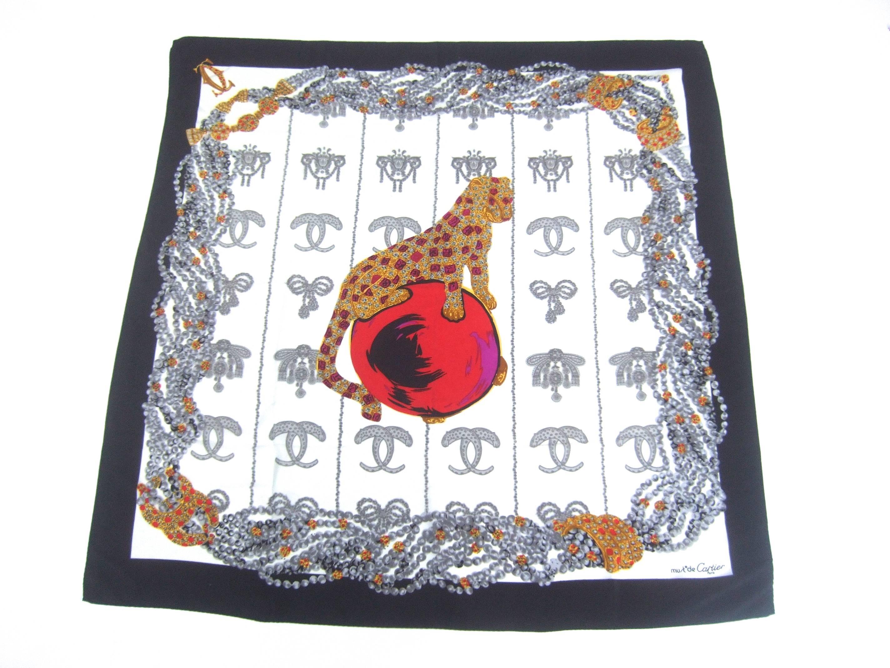 Cartier Paris Elegant Silk Jeweled Panther Scarf c 1980s 4