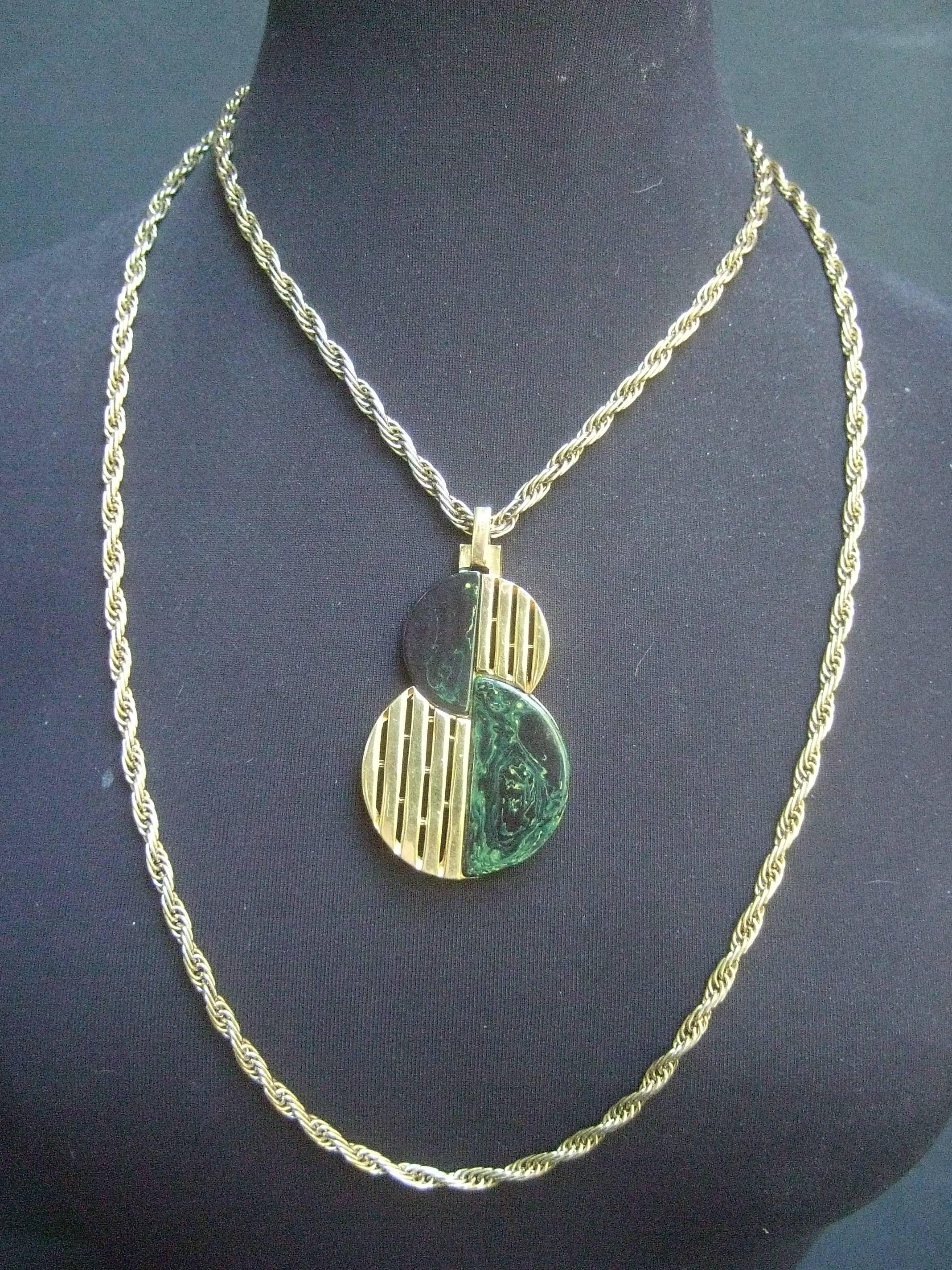 Trifari Sleek Gilt Metal Lucite Pendant Necklace c 1970 For Sale 1