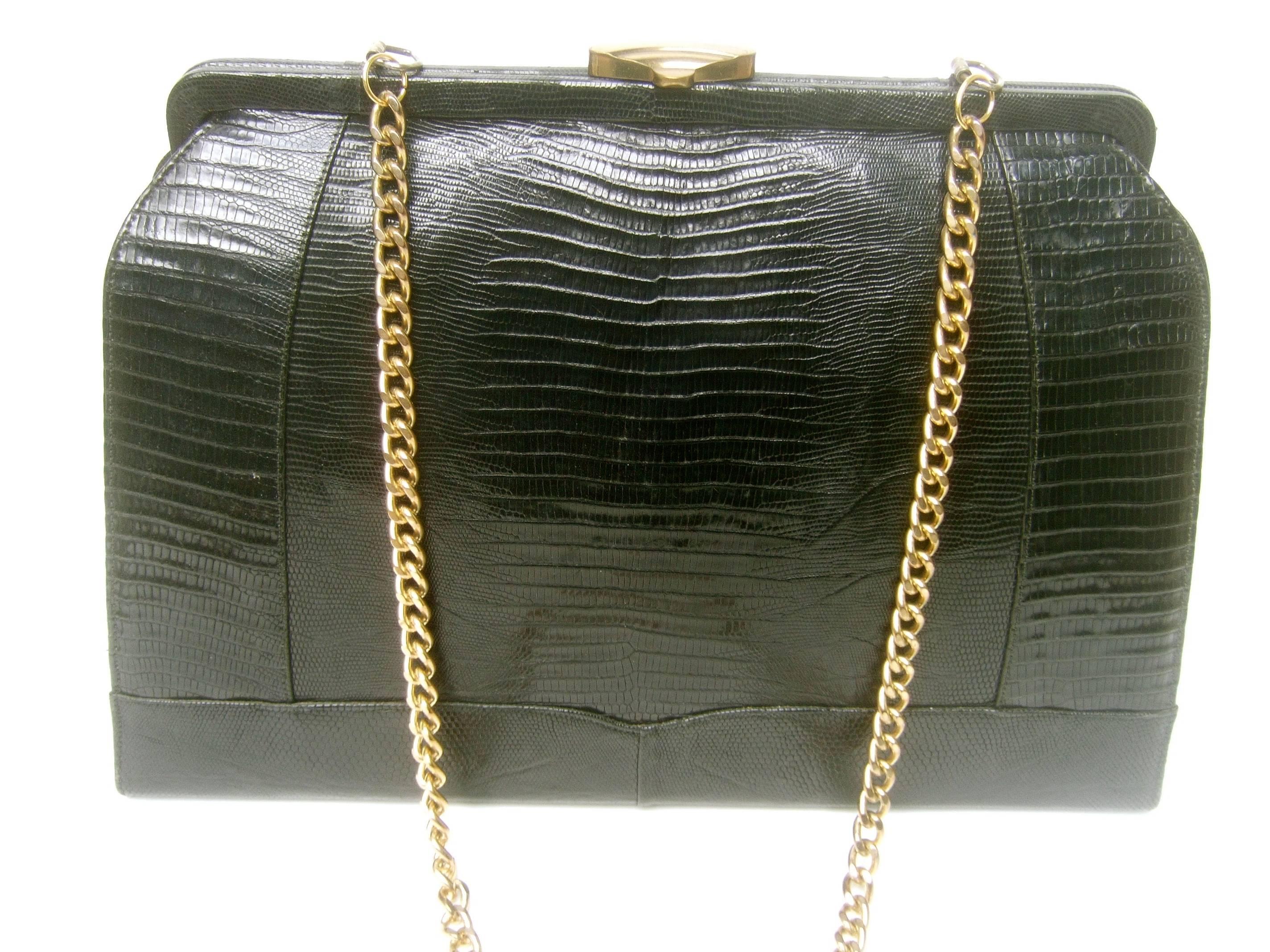 Black Sleek Ebony Lizard Skin Structured Handbag c 1960