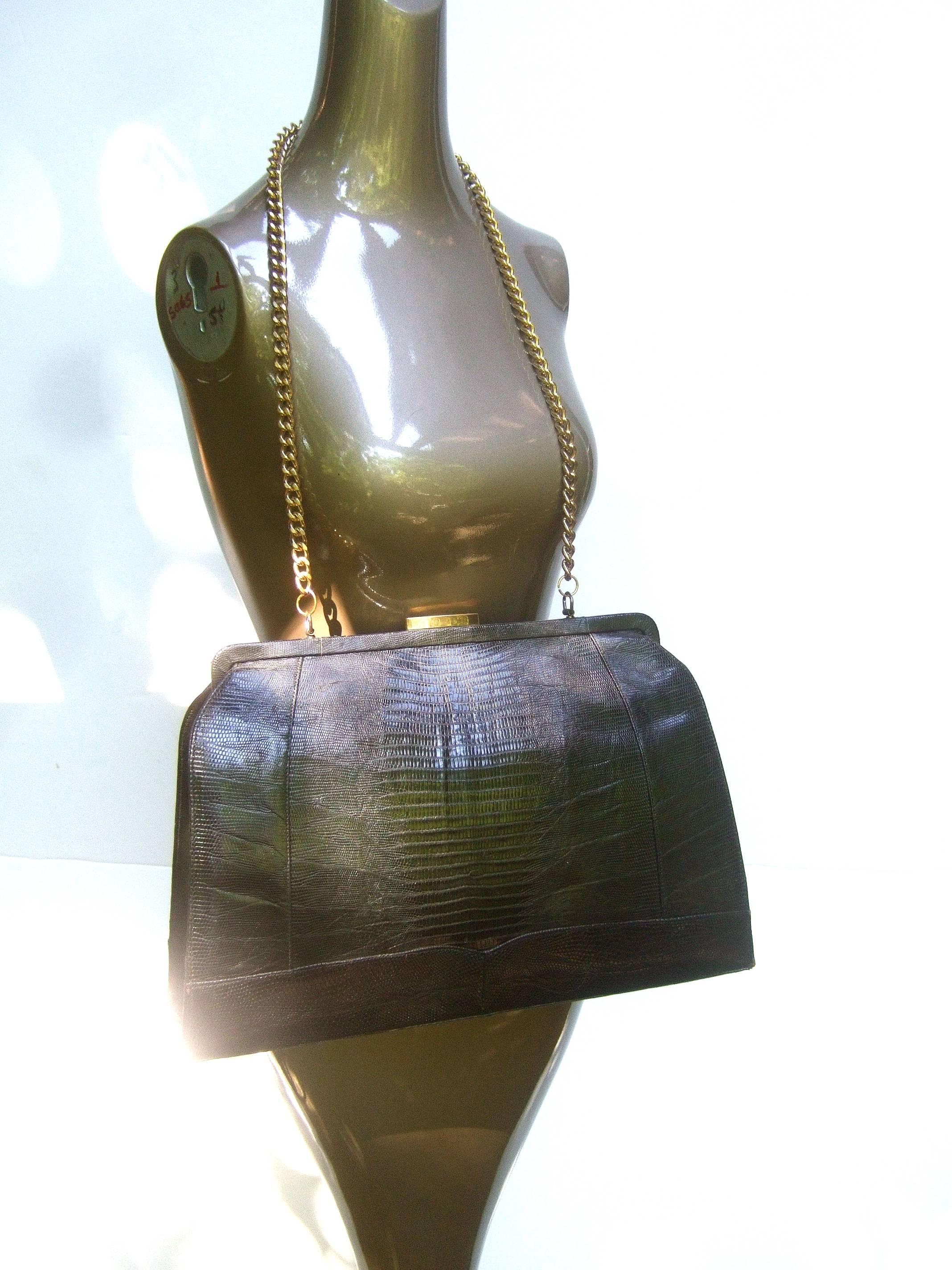 Sleek Ebony Lizard Skin Structured Handbag c 1960 1