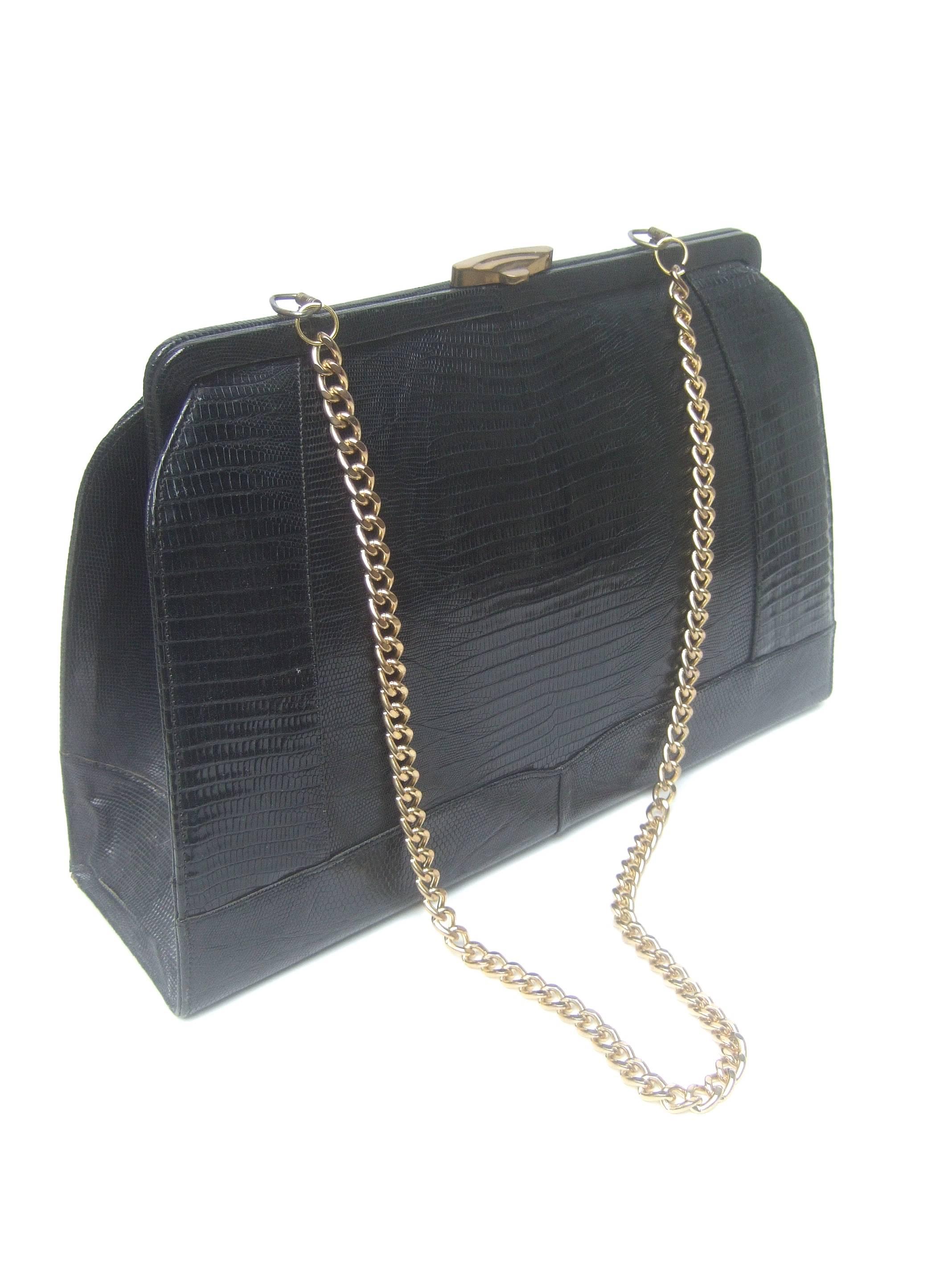Sleek Ebony Lizard Skin Structured Handbag c 1960 5