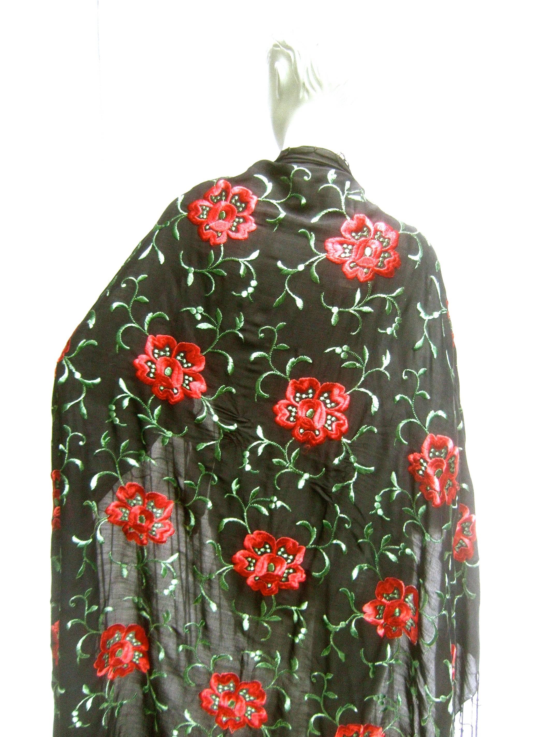 Exotic Embroidered Black Floral Fringe Silk Shawl c 1960 In Good Condition For Sale In University City, MO